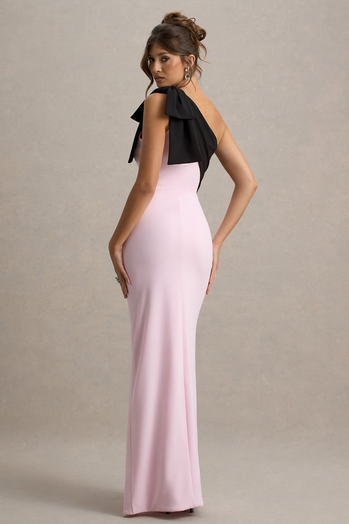 Kiri | Pink & Black One-Shoulder Bow Maxi Dress
