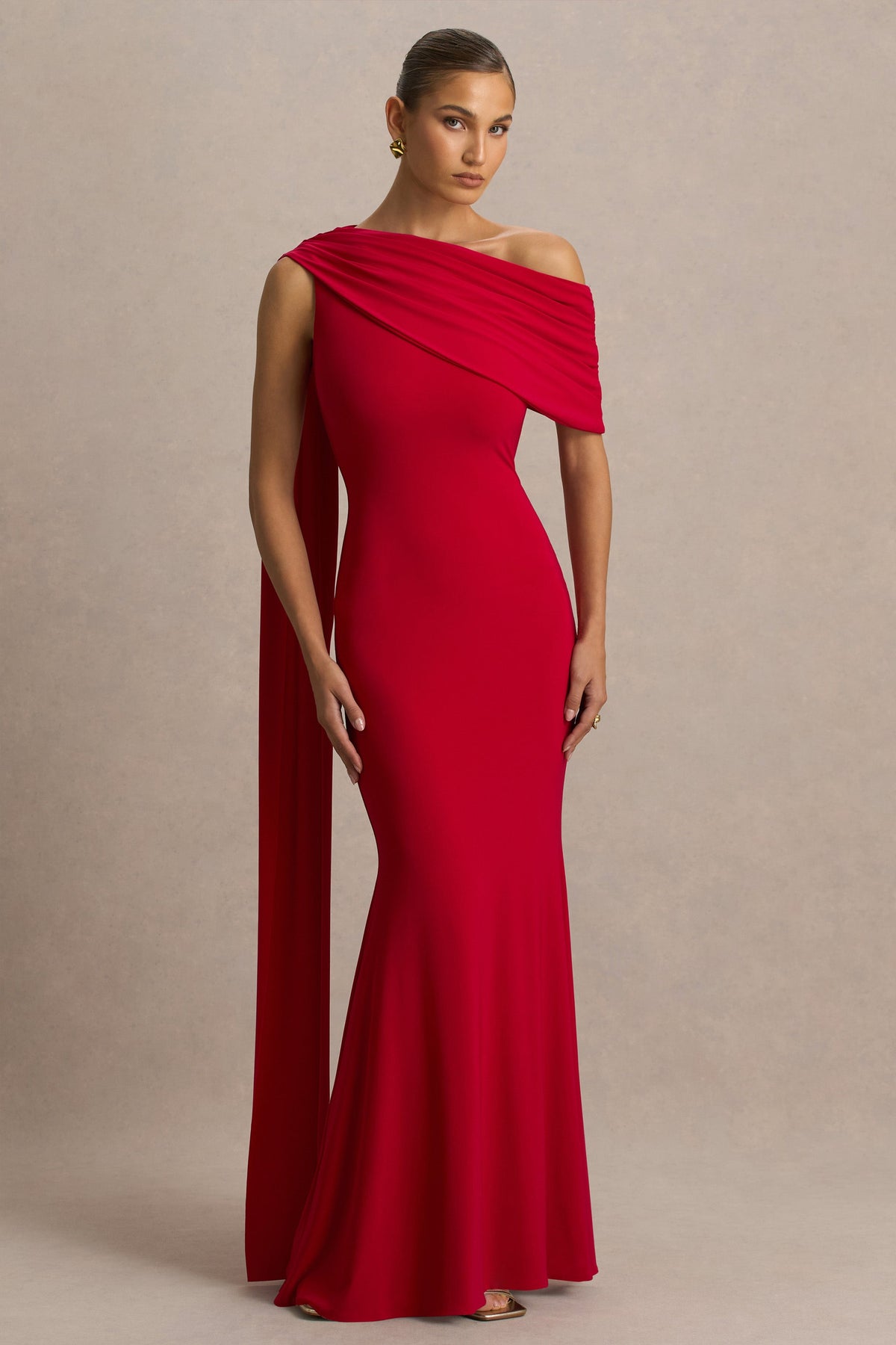 Zendaya | Red Asymmetric-Neck Fishtail Maxi Dress With Sash