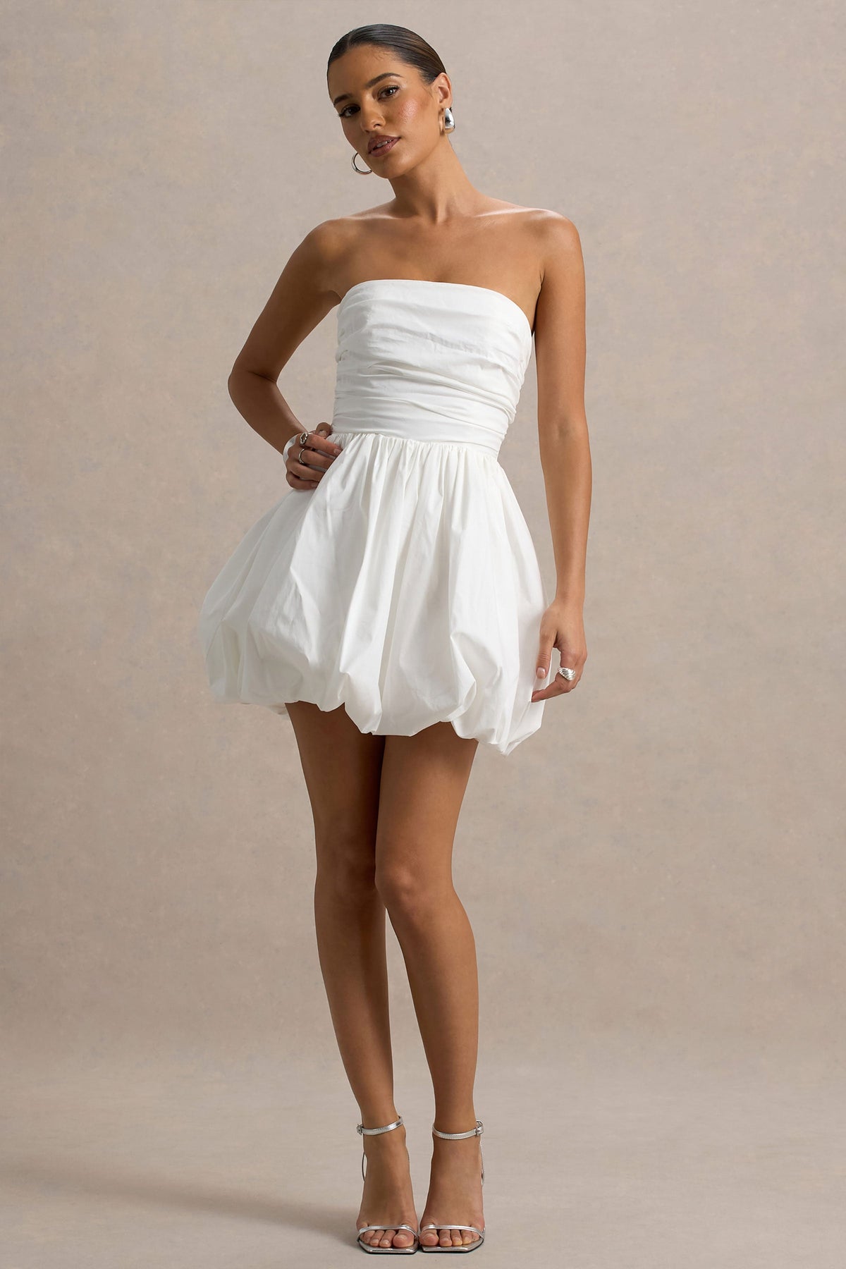 Faye | White Puff Ball Bandeau Micro Mini Dress With Ruching Details