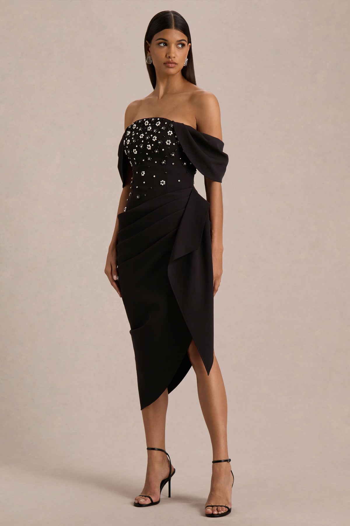Sylvia | Black Hand-Embellished Bardot-Neck Midi Dress With Draped Satin-Wrap Skirt