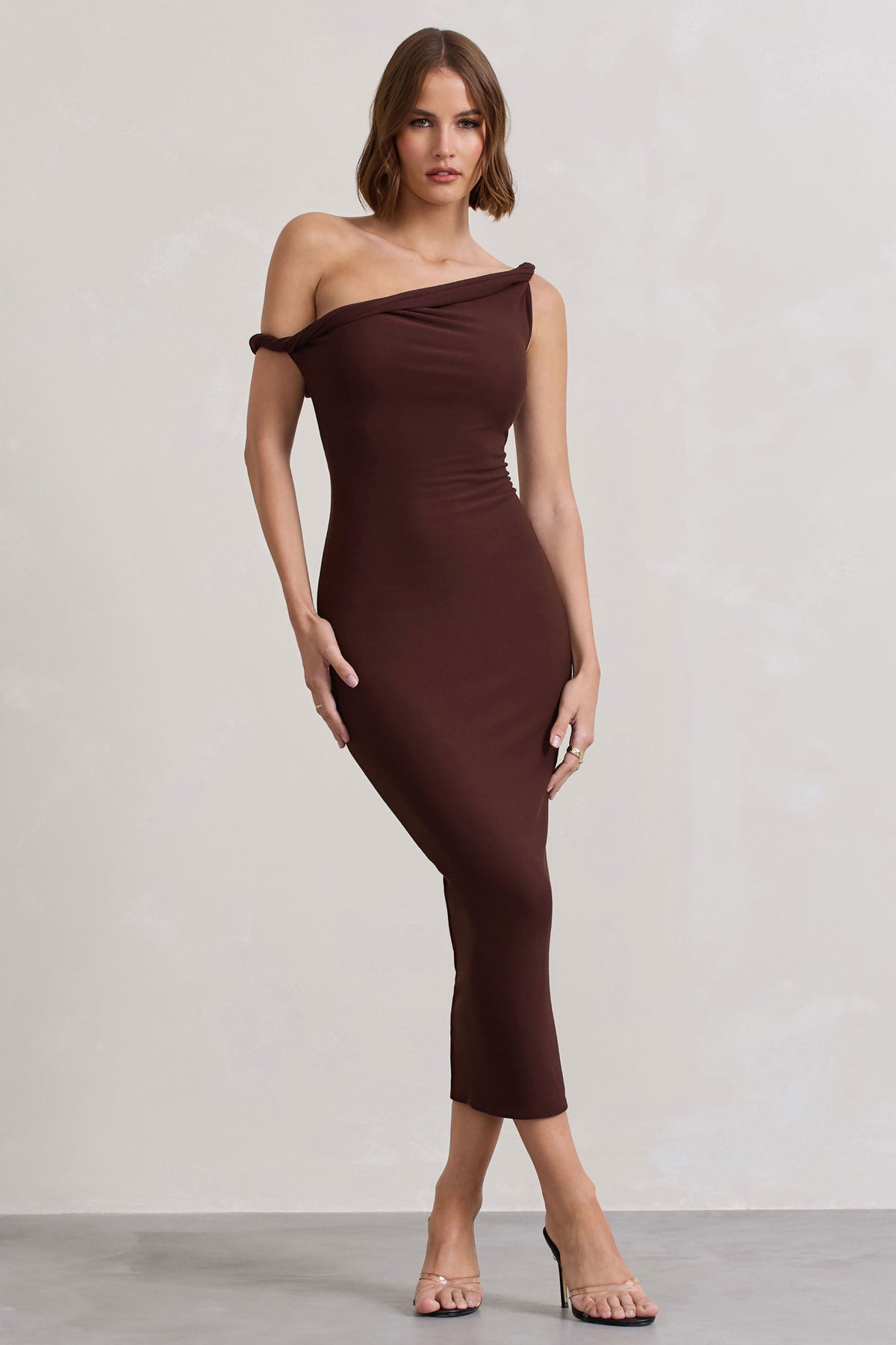 Salome | Chocolate Brown Twisted Asymmetric Midi Dress