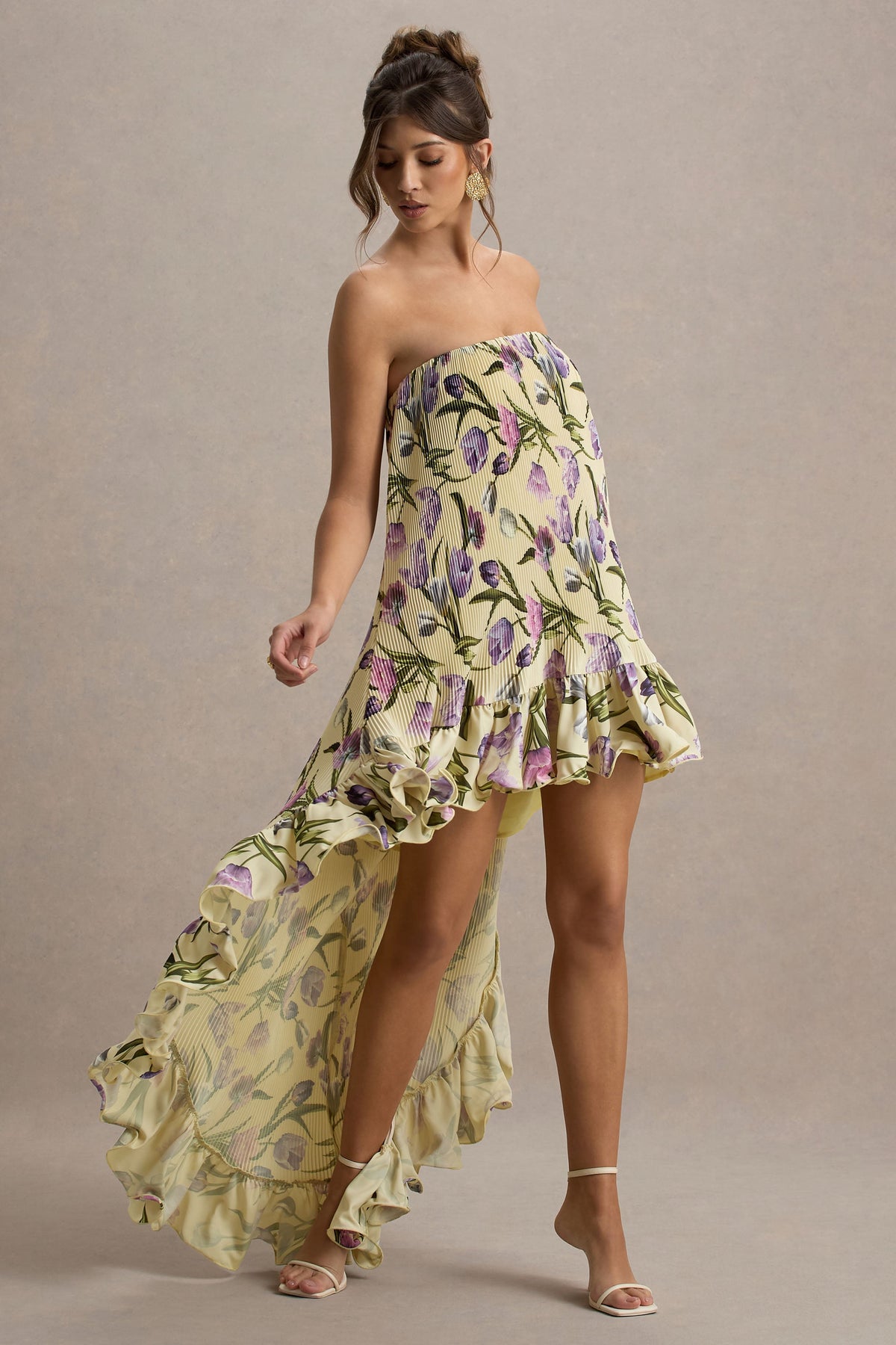 Whistler | Tulip Floral Print Chiffon Bandeau High-Low Ruffled Maxi Dress