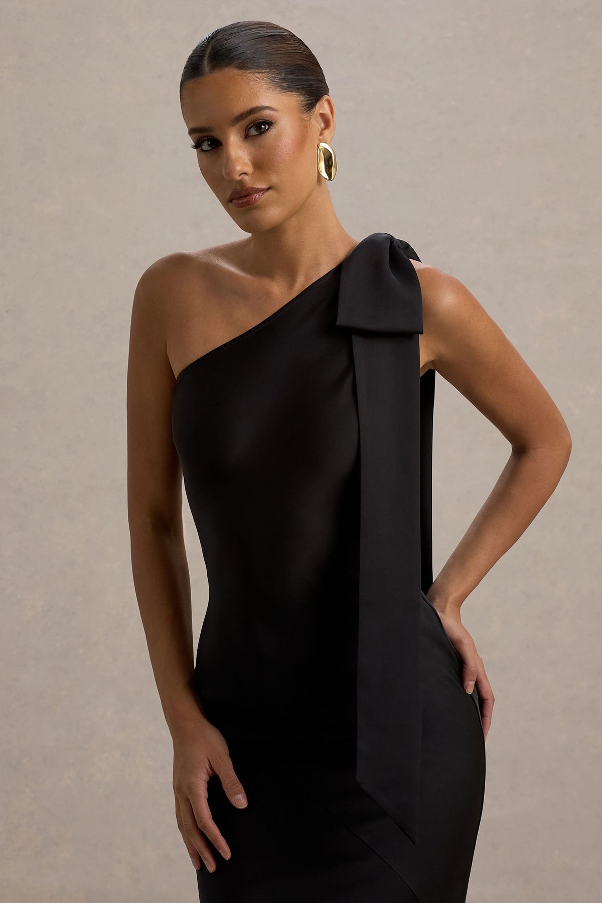 Here For Love | Black Satin Asymmetric Maxi Dress With Bow