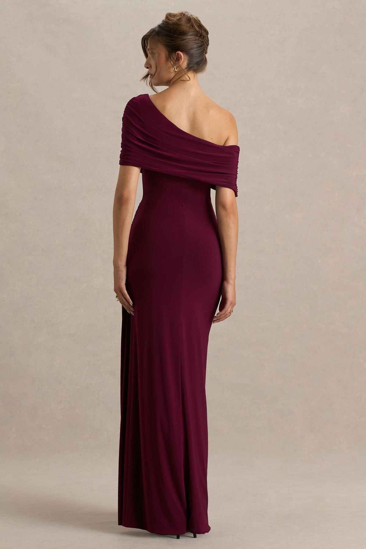 Dynasty | Burgundy Asymmetric-Neck Maxi Dress With Ruched Detailing And Front High-Split