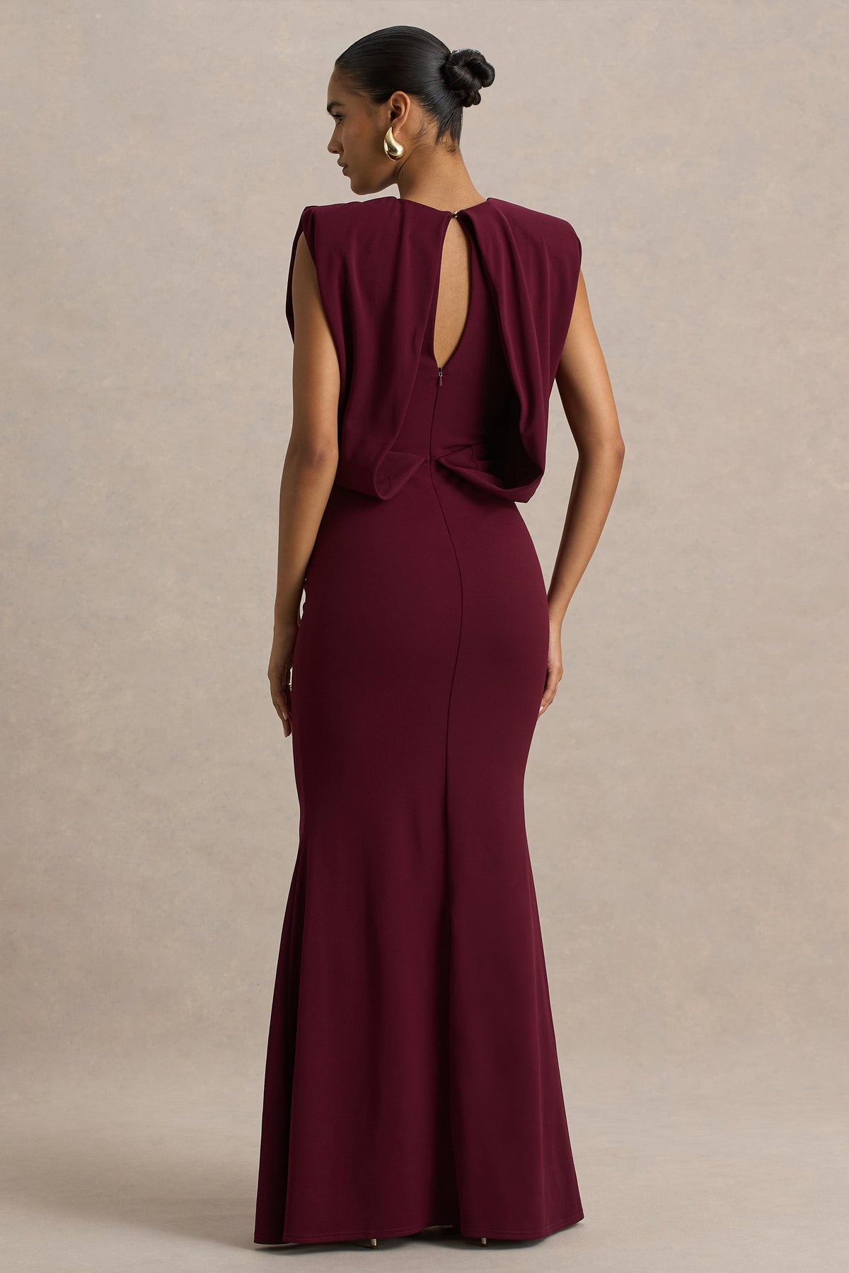 Meave | Burgundy Boat-Neck Maxi Dress With Draped Detail