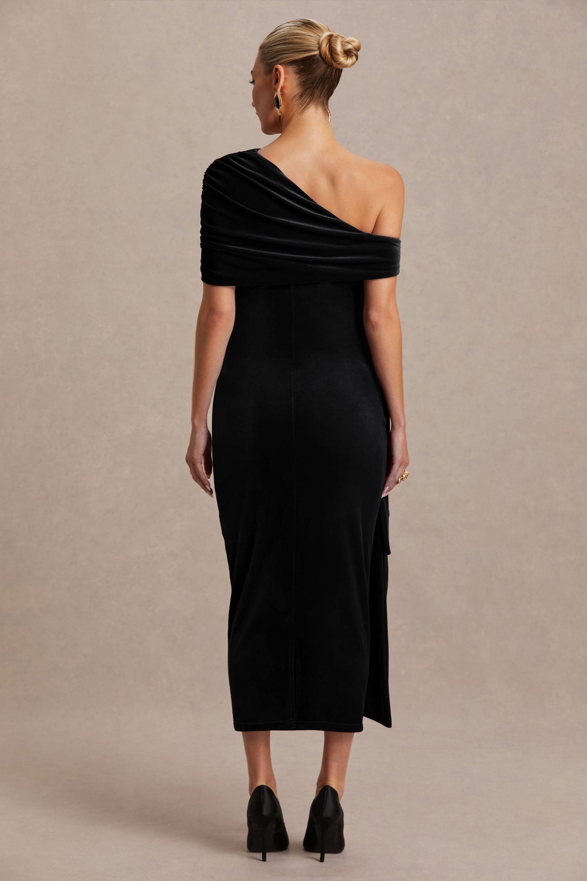 Zena | Black Velvet Asymmetric-Neck Maternity Midi Dress With Knot And Sash Detail