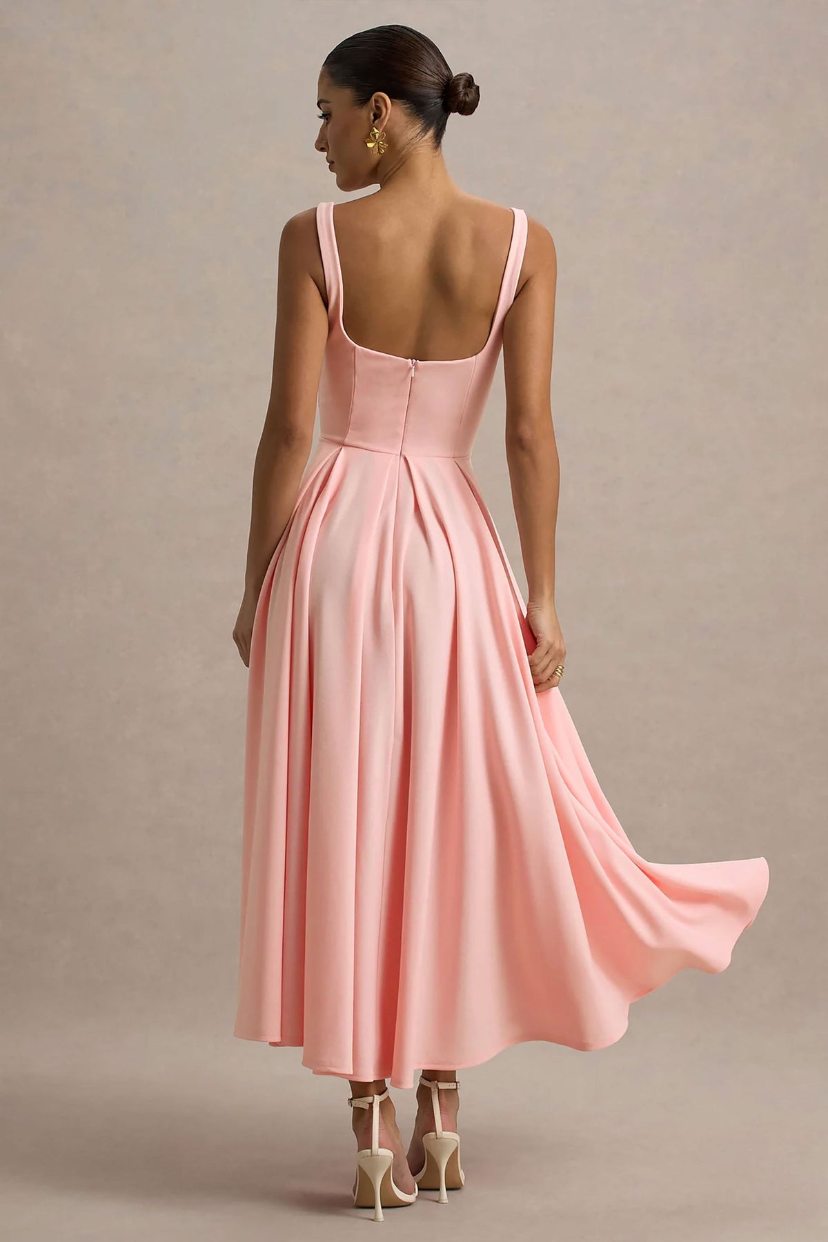 Parina | Pink Scuba Square Neck A-Line Midi Dress