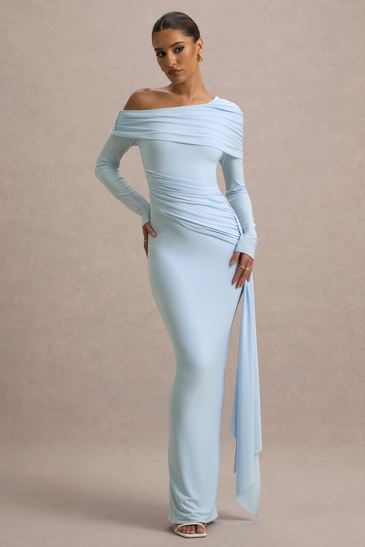 Valina | Powder Blue Ruched Asymmetric Maxi Dress With Drape