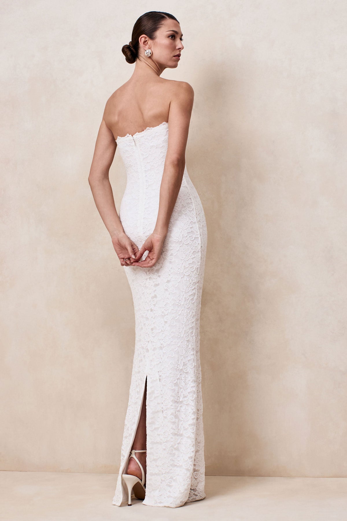 Massima | White Lace Bandeau Maxi Dress With Scarf Detail And Back Split
