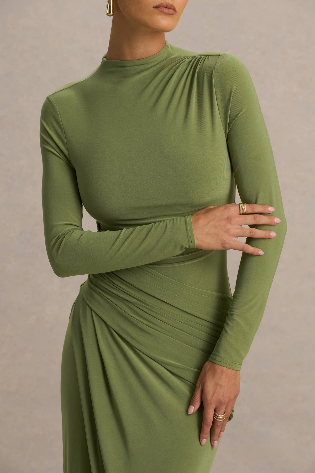 Zephyra | Olive High-Neck Wrapped Maxi Dress