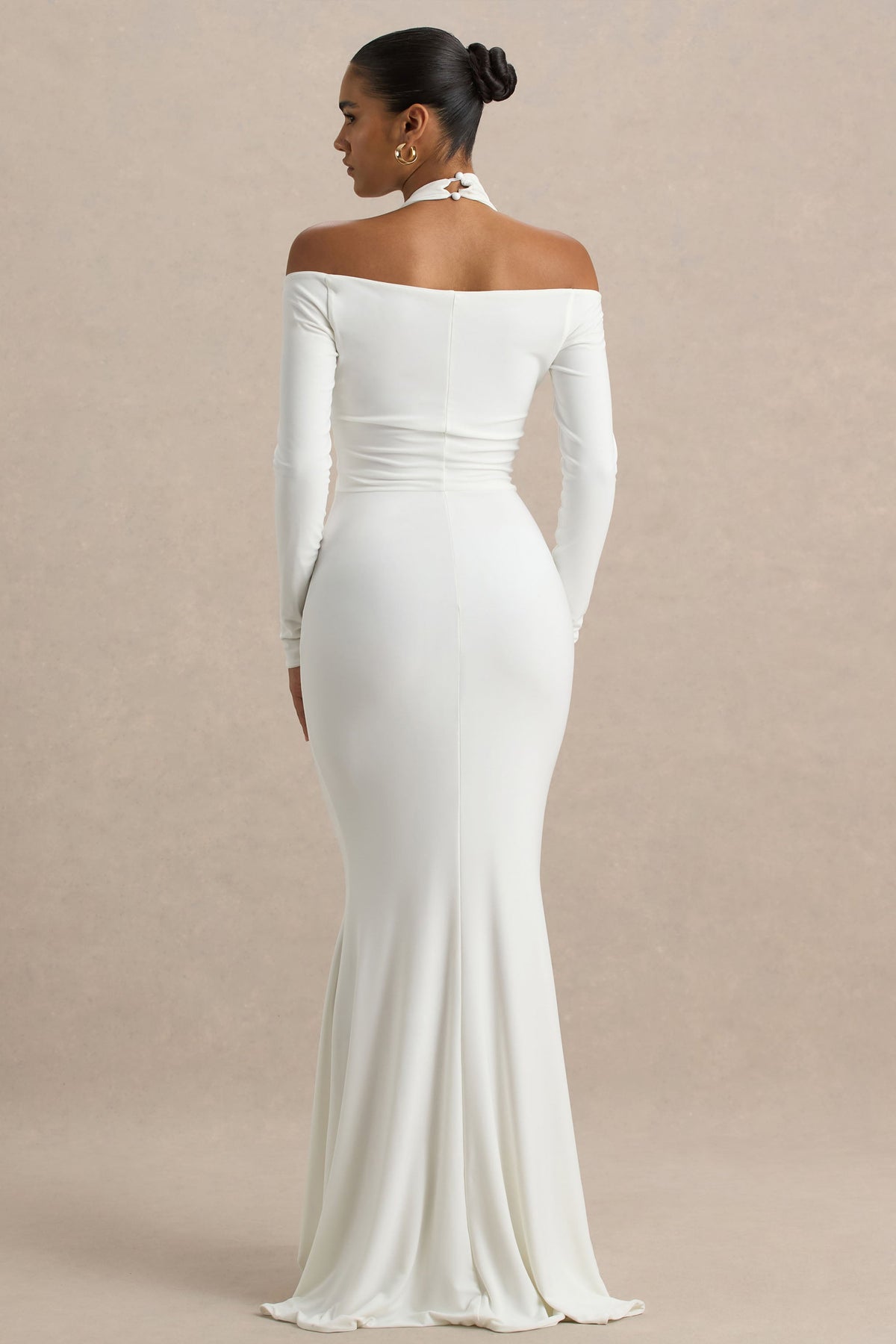 Living High | White Halter-Neck Maxi Dress With Long Sleeves