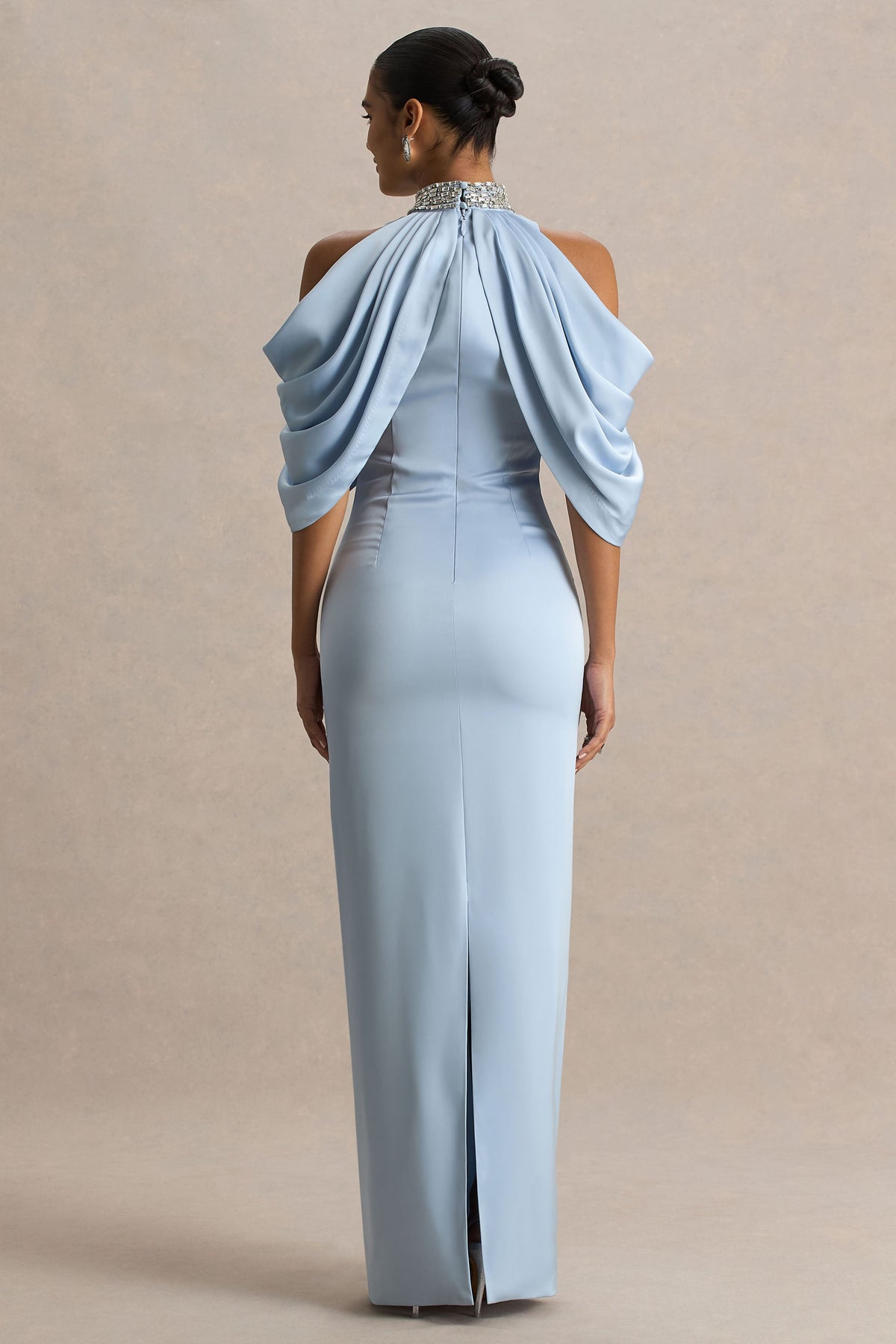 Sulliana | Powder Blue Satin High-Neck Maxi Dress With Embellished Detail And Cape Sleeves