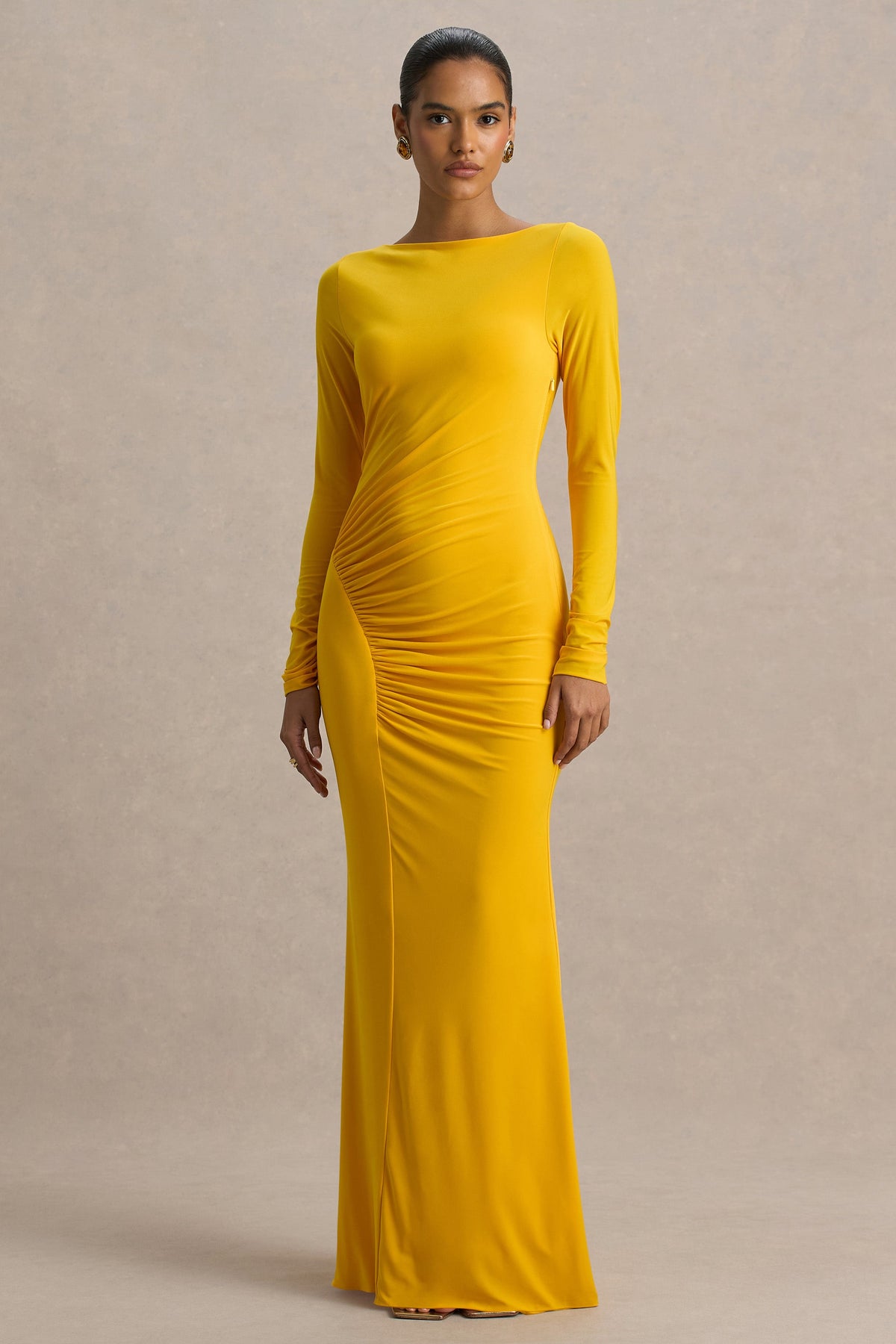 Diva | Yellow Slashed-Neck Maxi Dress With Ruched Detailing