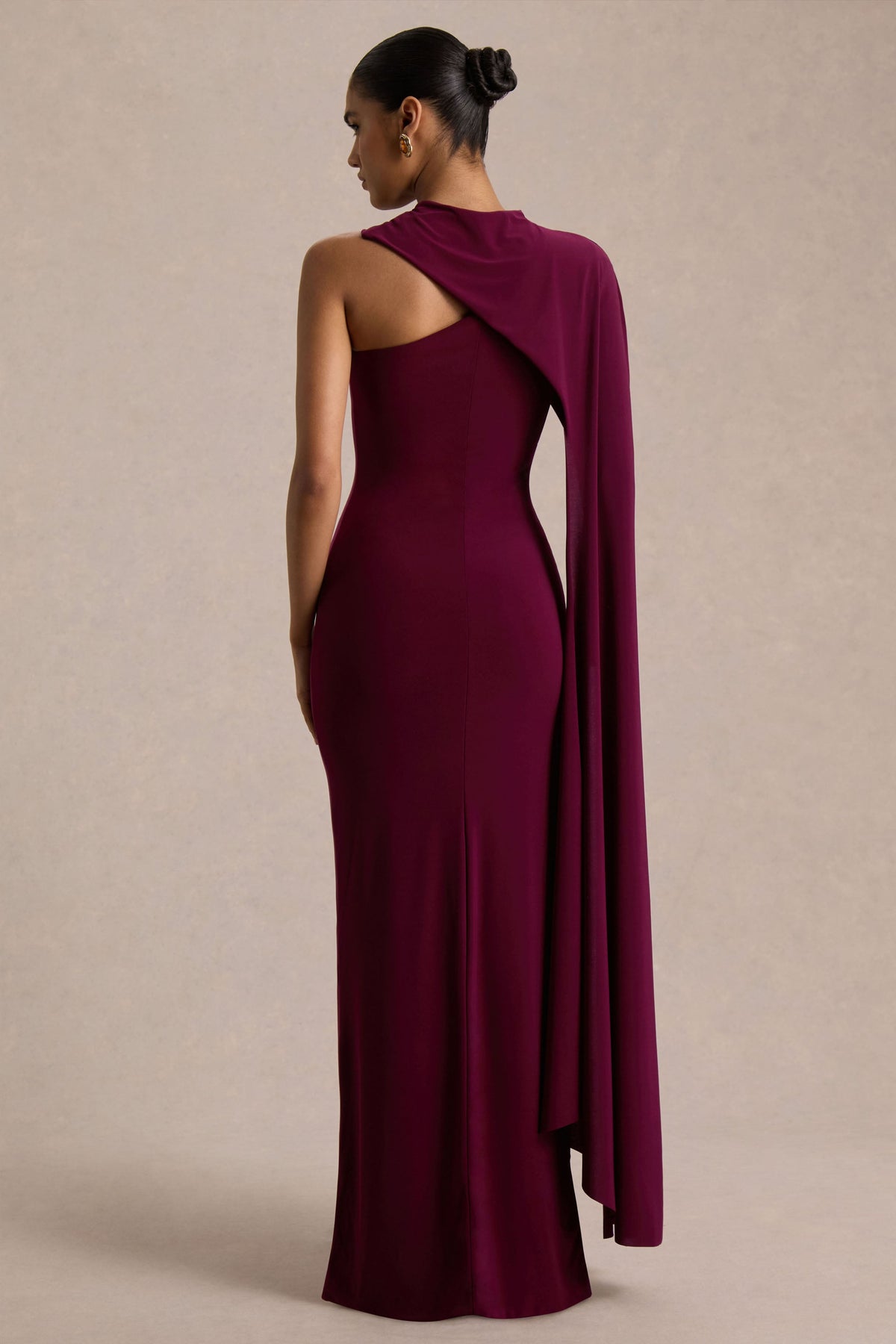 Dawn | Burgundy Asymmetric-Neck Maxi Dress With One Long-Sleeve And Cape