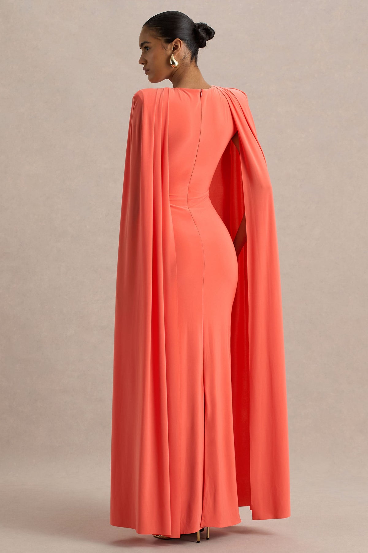 Mimi | Coral Jersey Round Neck Long Sleeve Maxi Dress With Cape