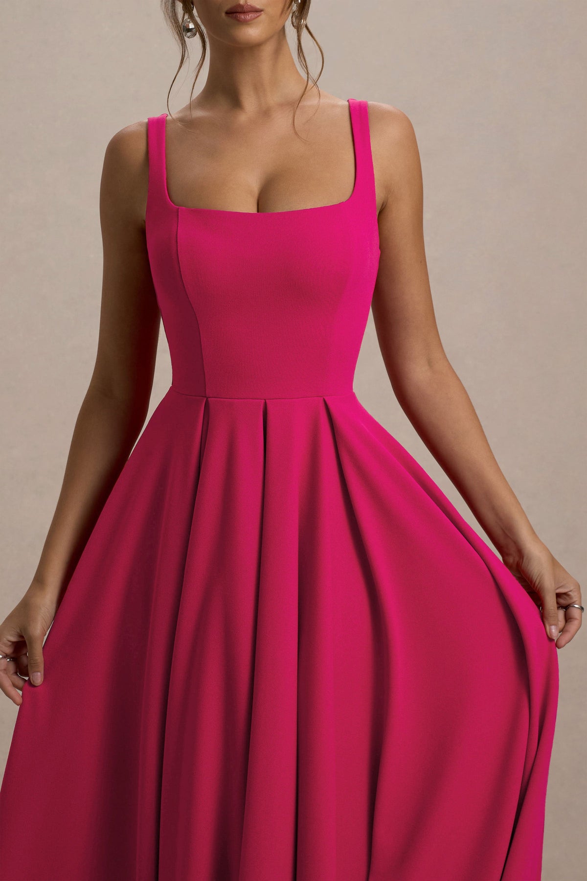 Parina | Hot Pink Scuba Square Neck A-Line Midi Dress