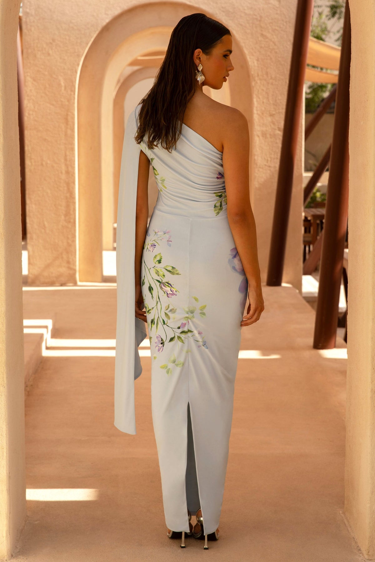 Clementina | Powder Blue Rose Print Asymmetric Cape Sleeve Maxi Dress