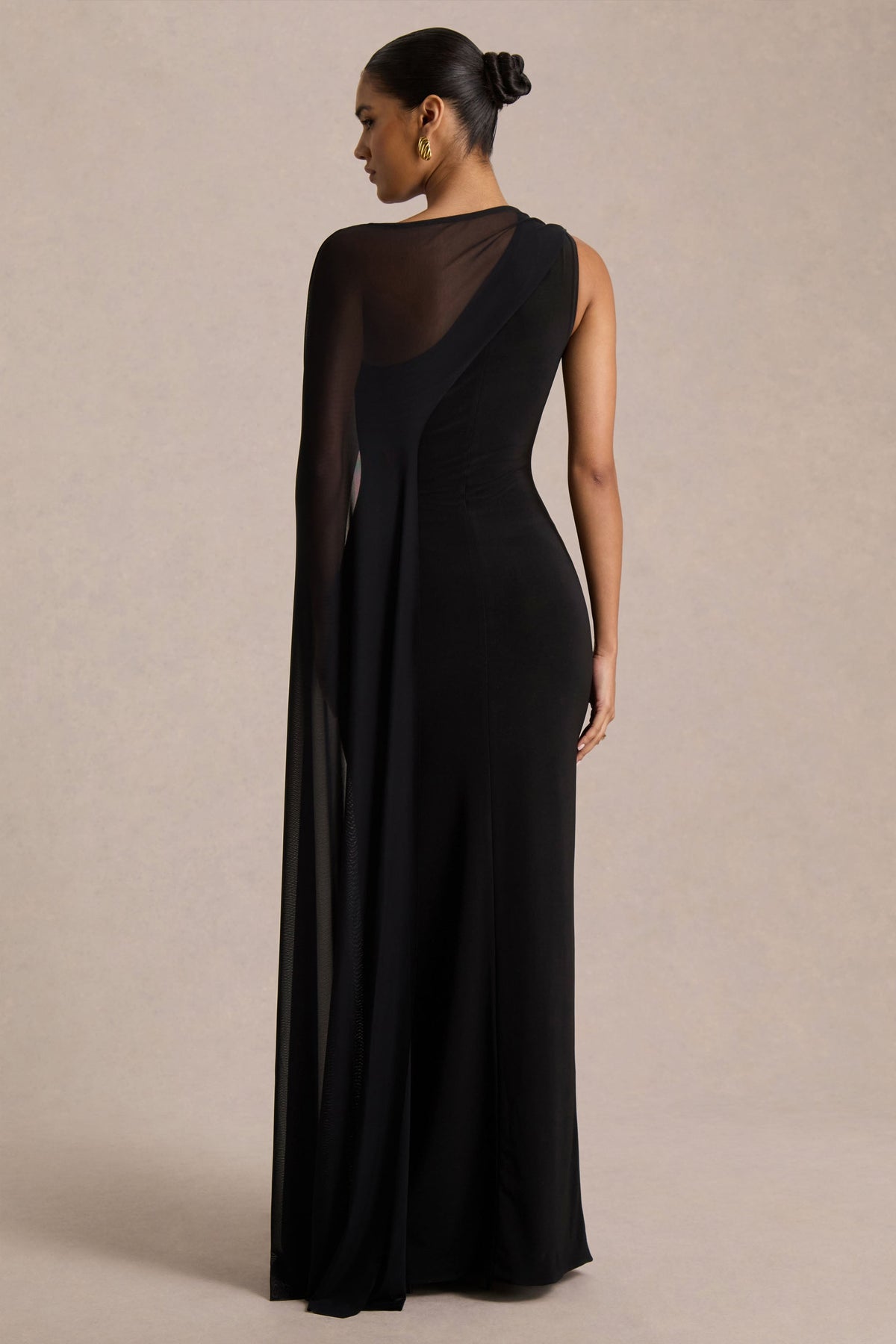 Mirelle | Black Jersey Boat Neck Maxi Dress With Mesh Cape And Back Split