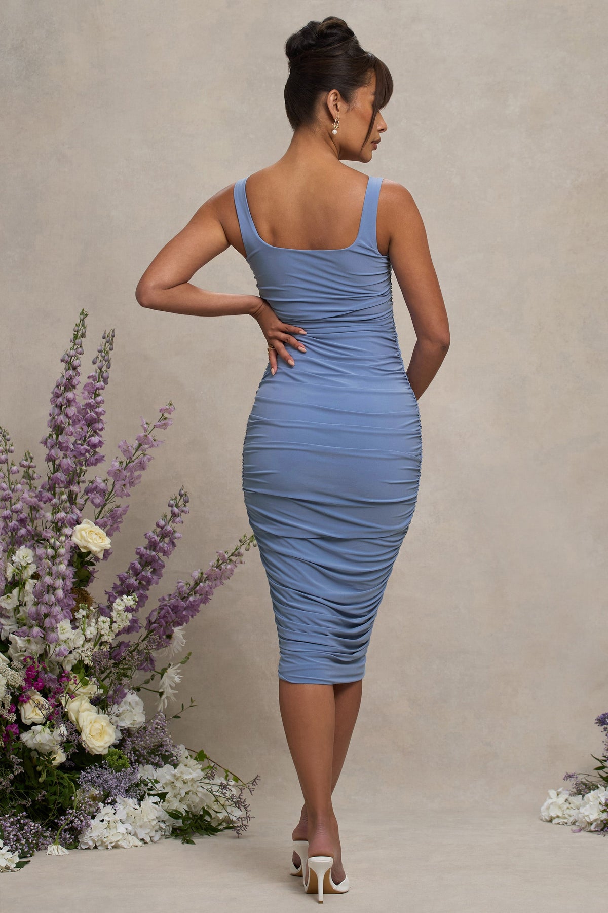 Lisbon | Powder Blue Maternity Square Neck Ruched Midi Dress