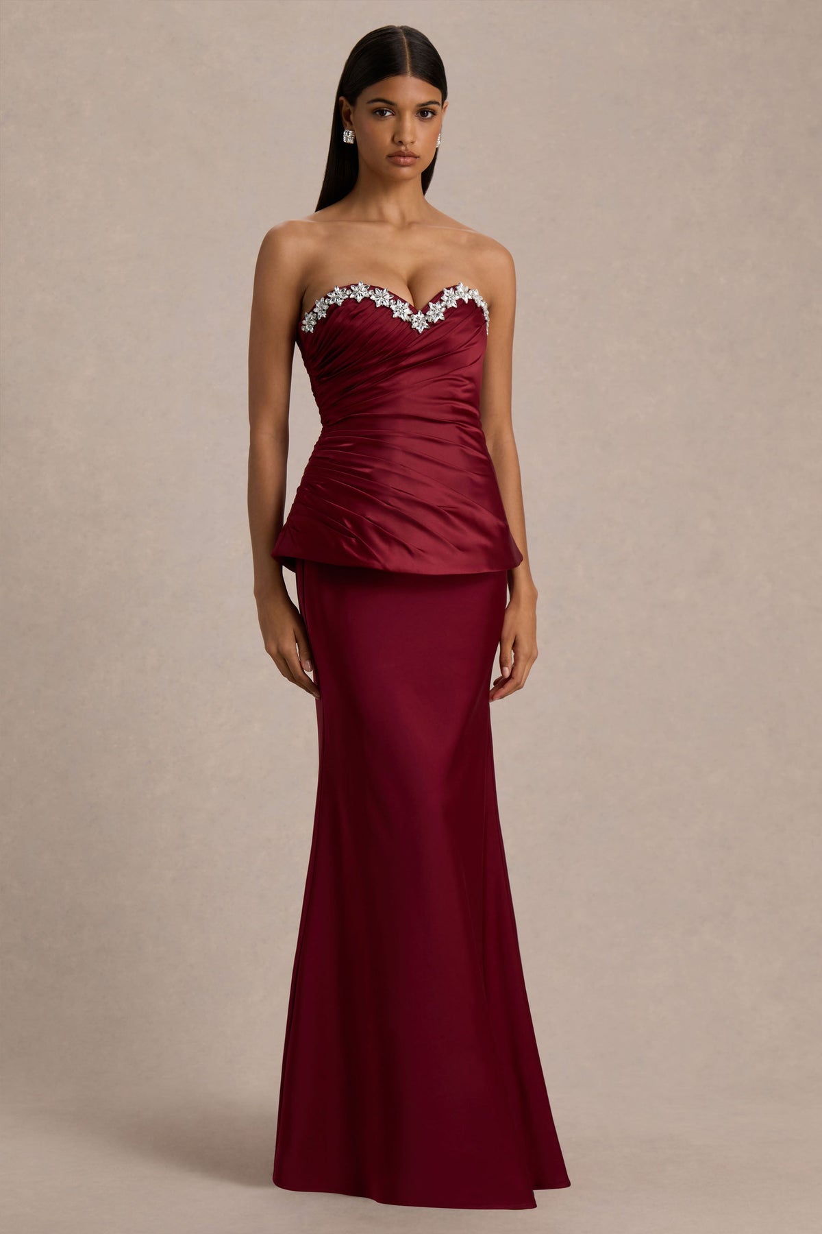Milia | Burgundy Satin Hand-Embellished Strapless Corset Maxi Dress