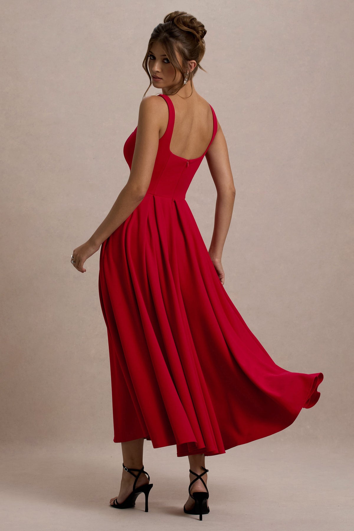 Parina | Red Scuba Square Neck A-Line Midi Dress