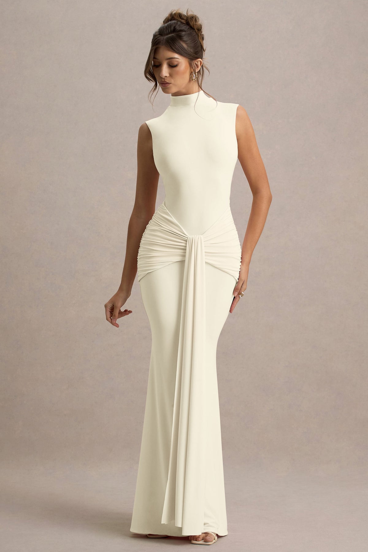 Graziana | Pale Lemon High-Neck Gathered Draped Maxi Dress