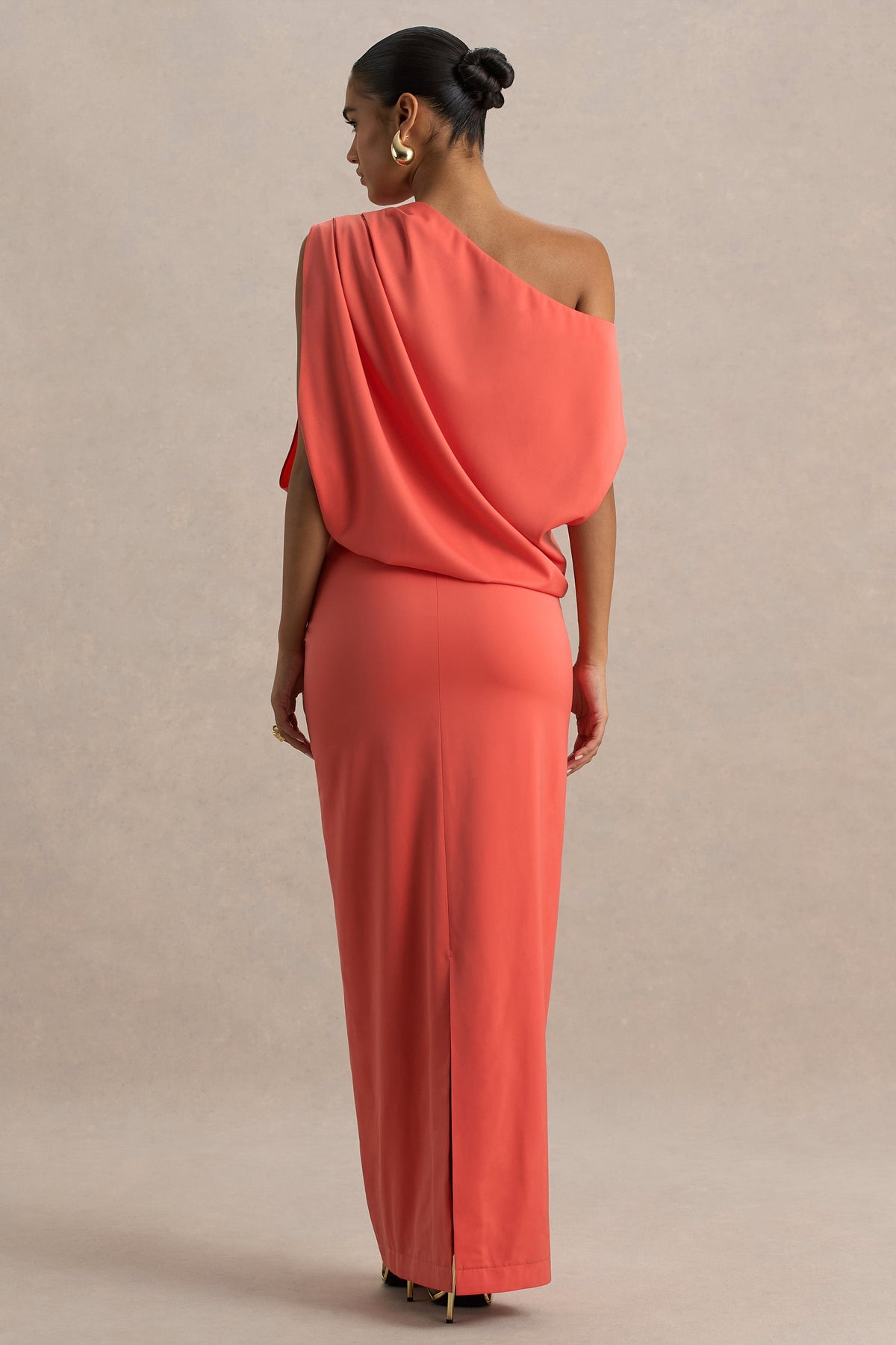 Ronnie | Coral Satin Asymmetric-Neck Maxi Dress With Draping Detail
