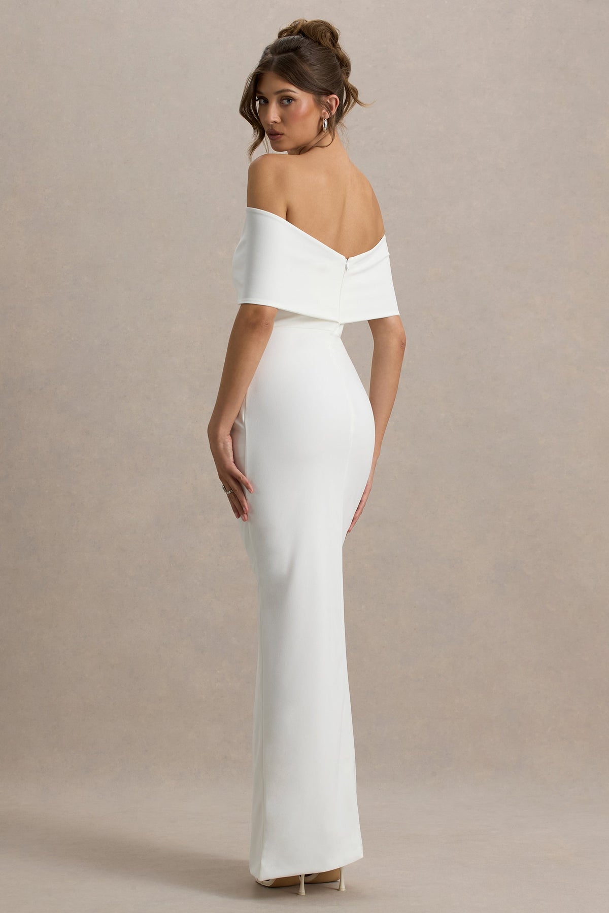 Eva | White Bardot Bow Detail Maxi Dress With Thigh Split