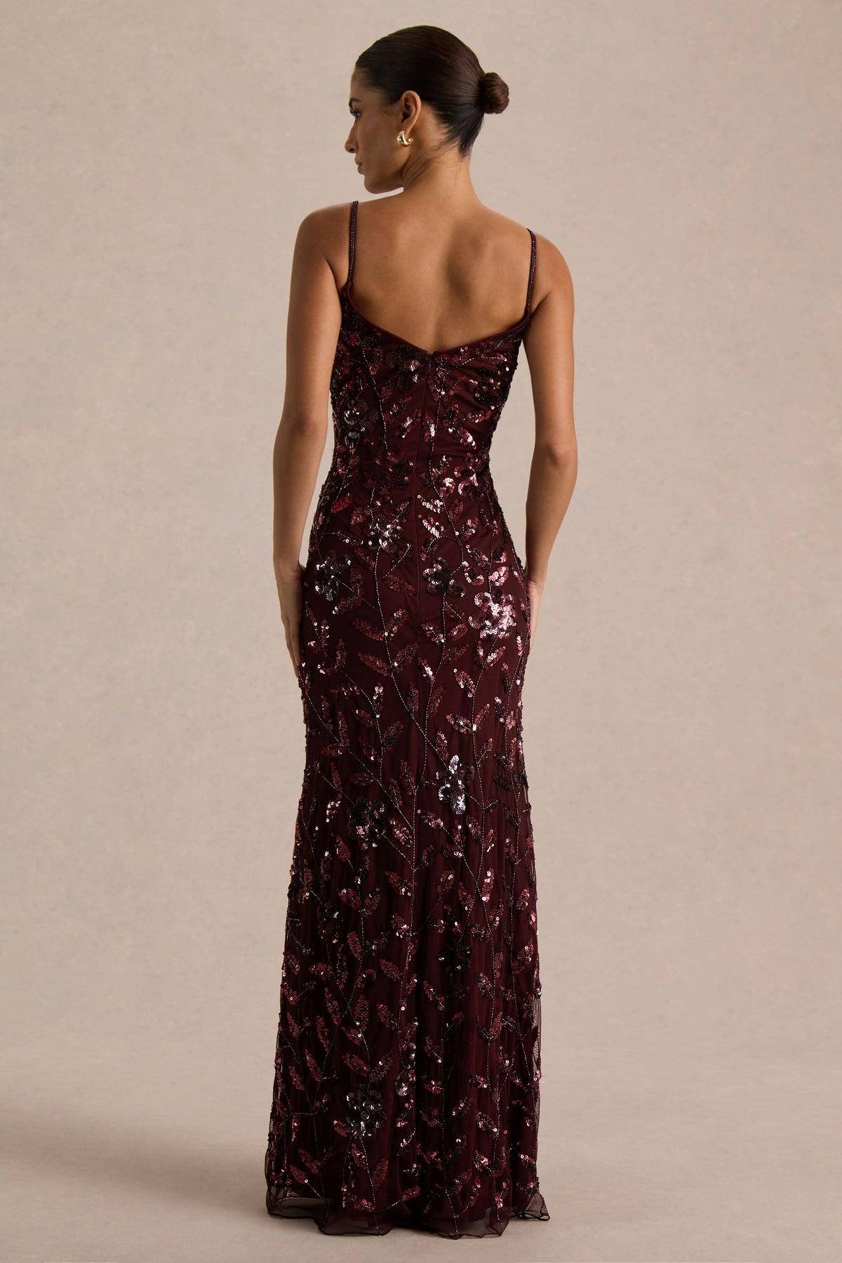 Gemini | Burgundy Floral Sequin Embellished Strappy Maxi Dress