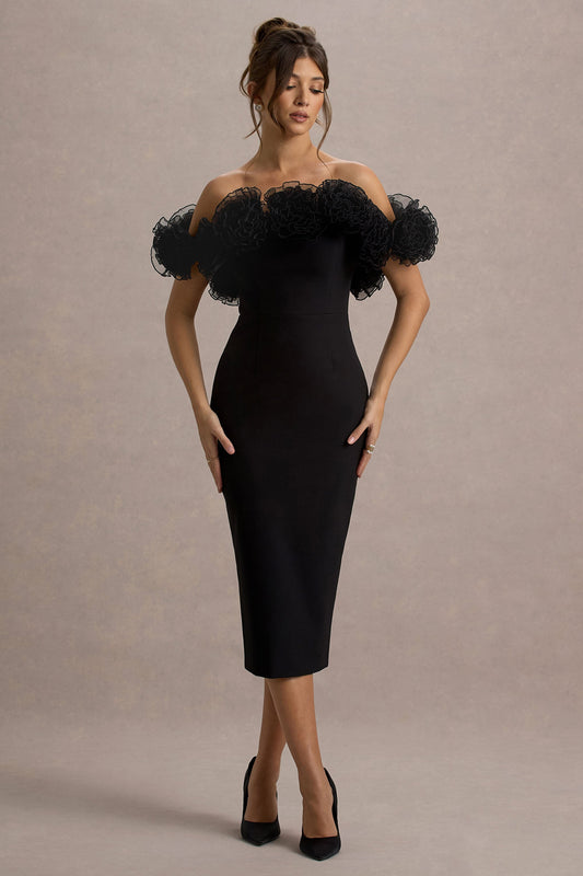 Alizzi | Black Bardot Midi Dress With Ruffle Trim