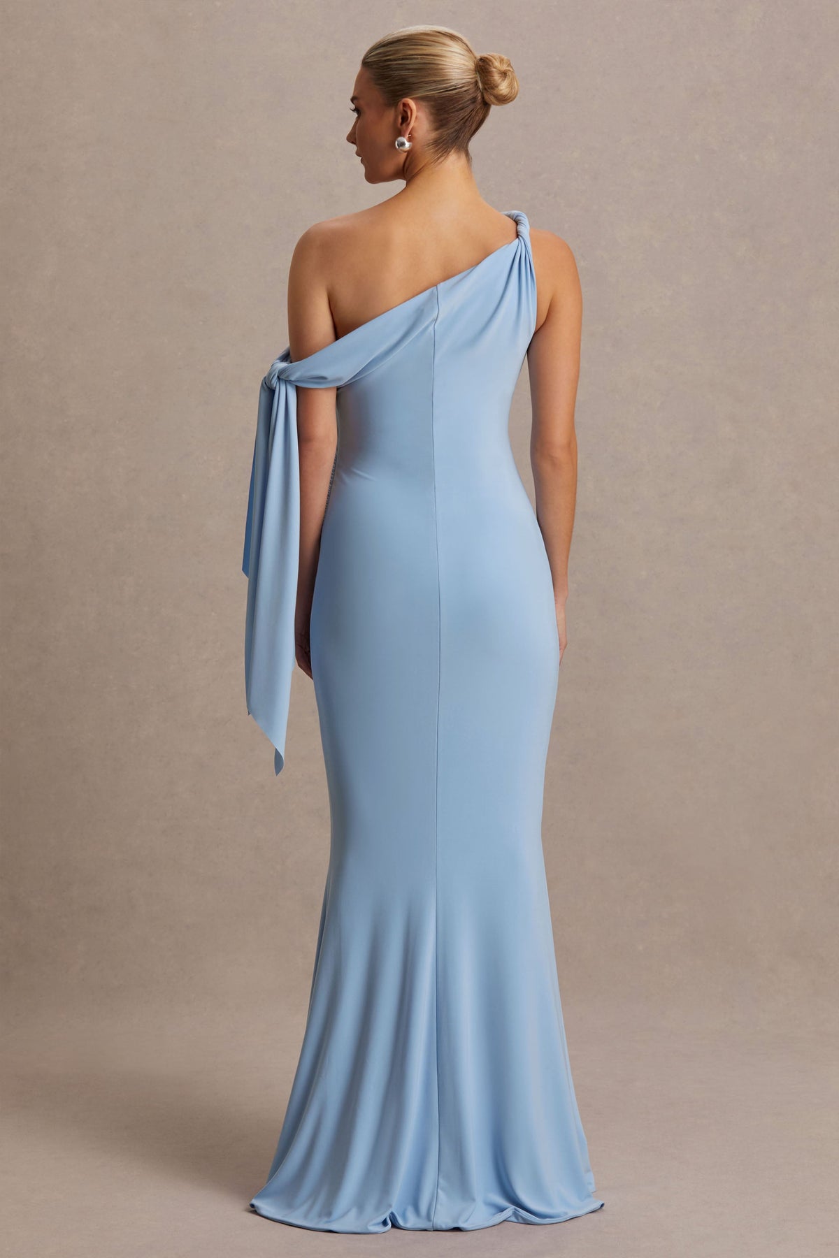 Orielle | Powder Blue Asymmetric-Neck Maternity Maxi Dress With Knot-Sleeve And Sash