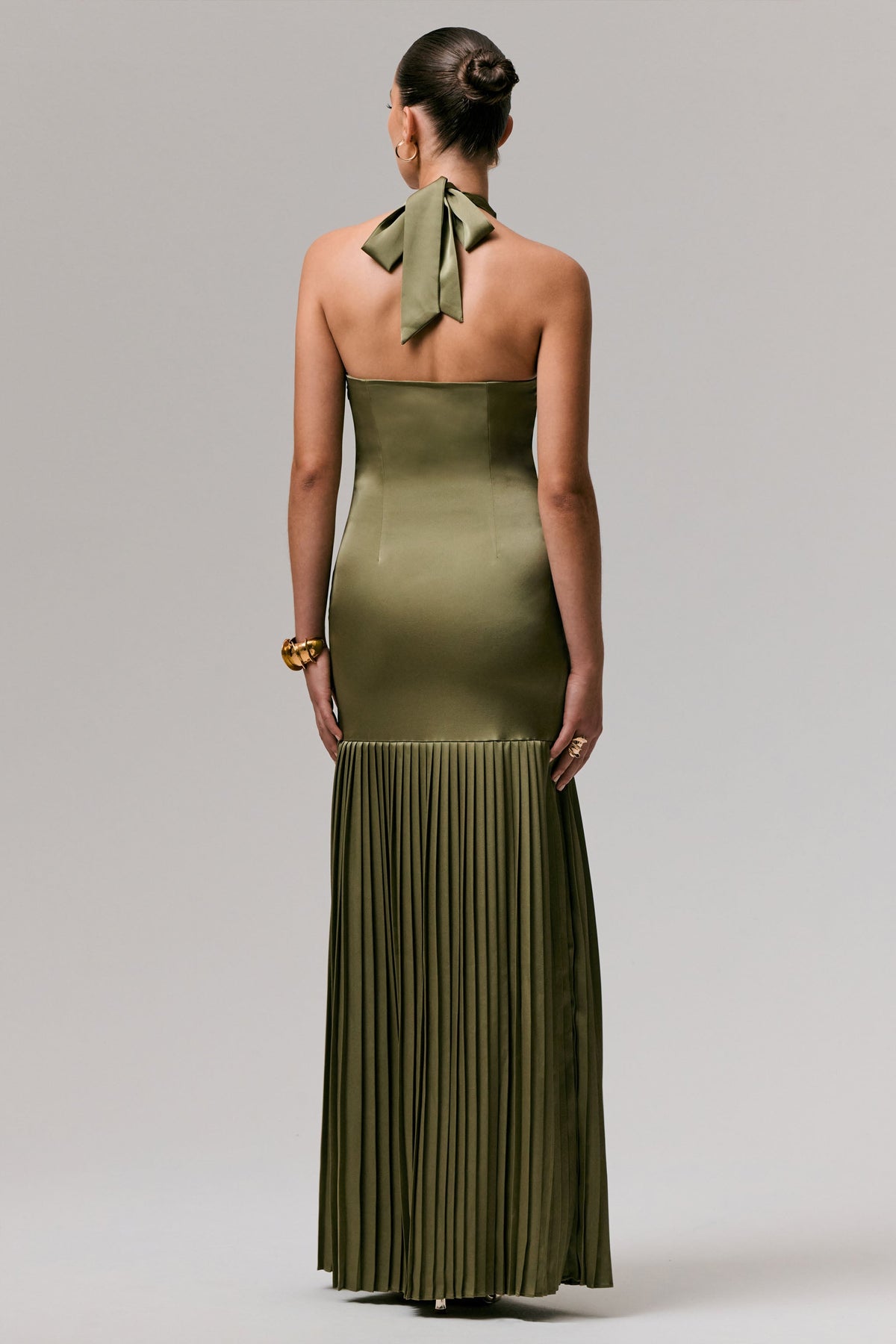 Sansa | Khaki Satin Cross Halter-Neck Plisse Maxi Dress