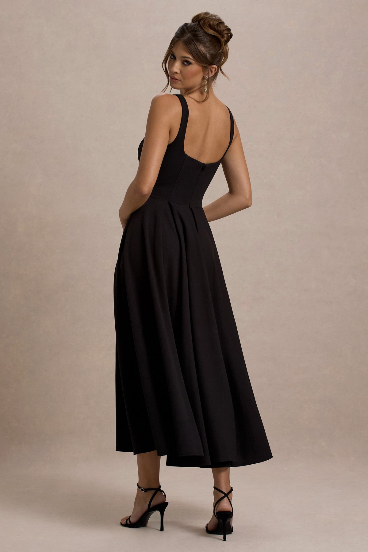Parina | Black Scuba Square Neck A-Line Midi Dress