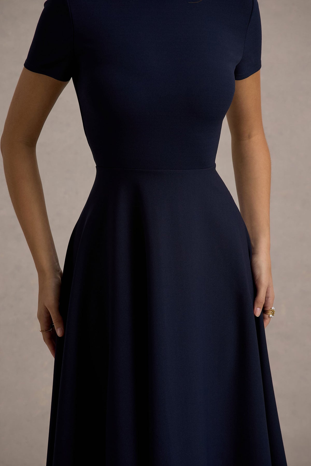 Bellona | Navy High-Neck High-Low Midi Dress