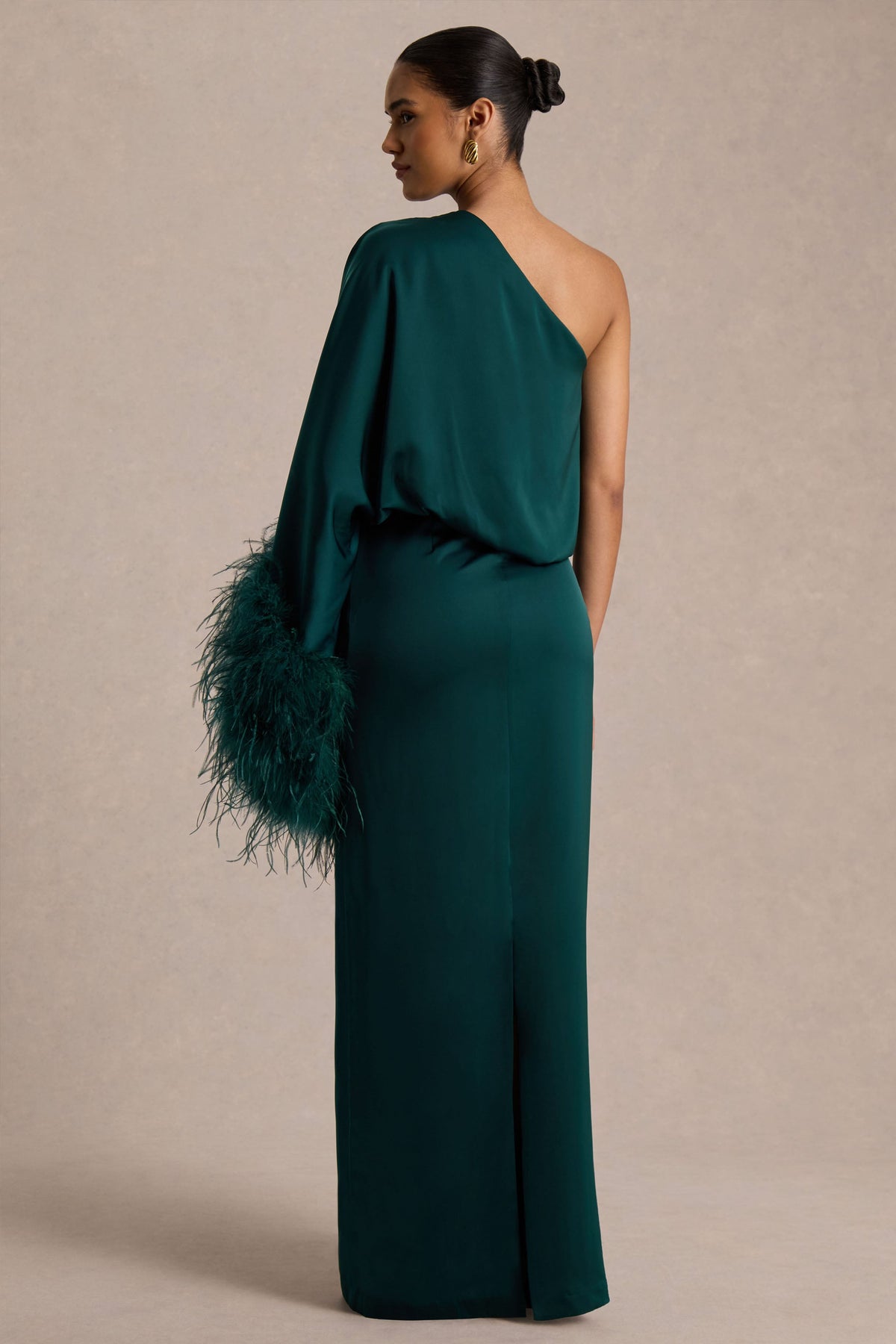 Felicity | Teal Satin Asymmetric-Neck Maxi Dress With Feather Detailing