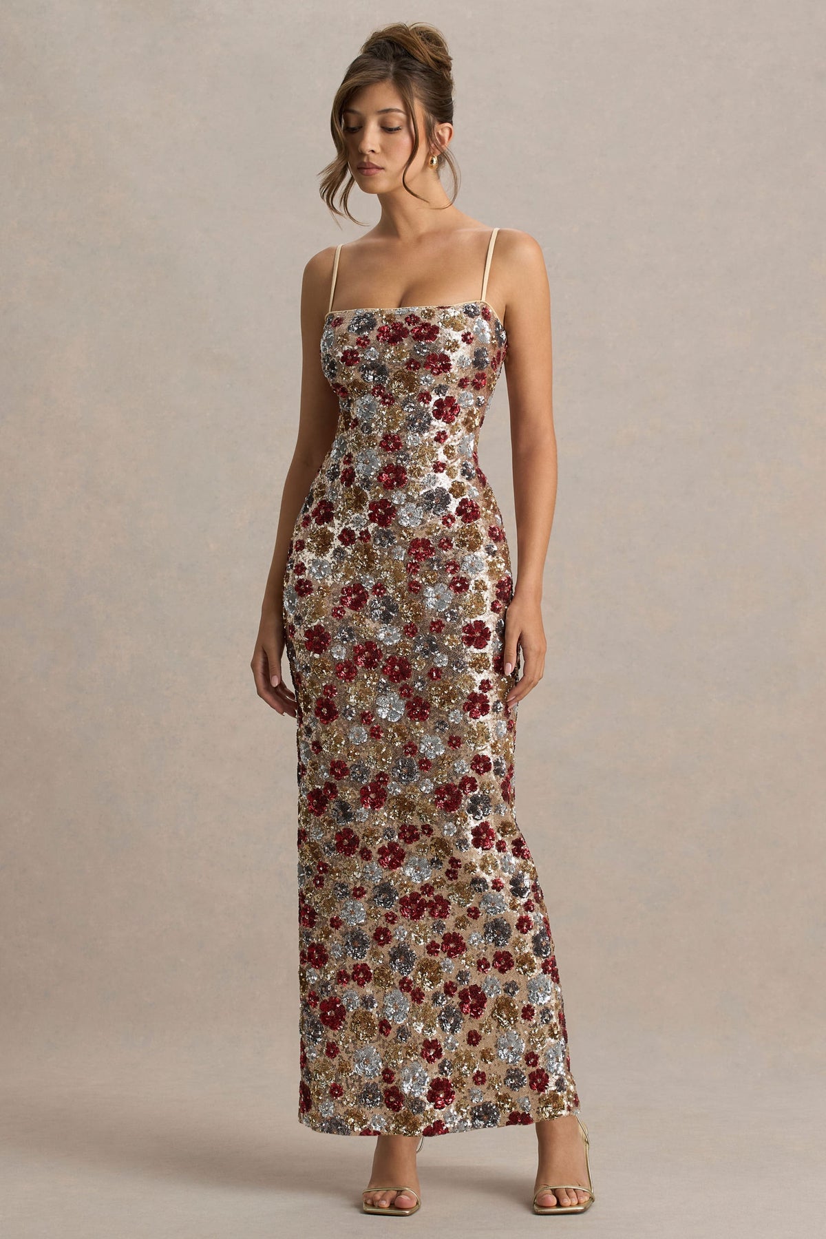 Vitora | Red Floral Sequin Bandeau Maxi Dress With Back Split