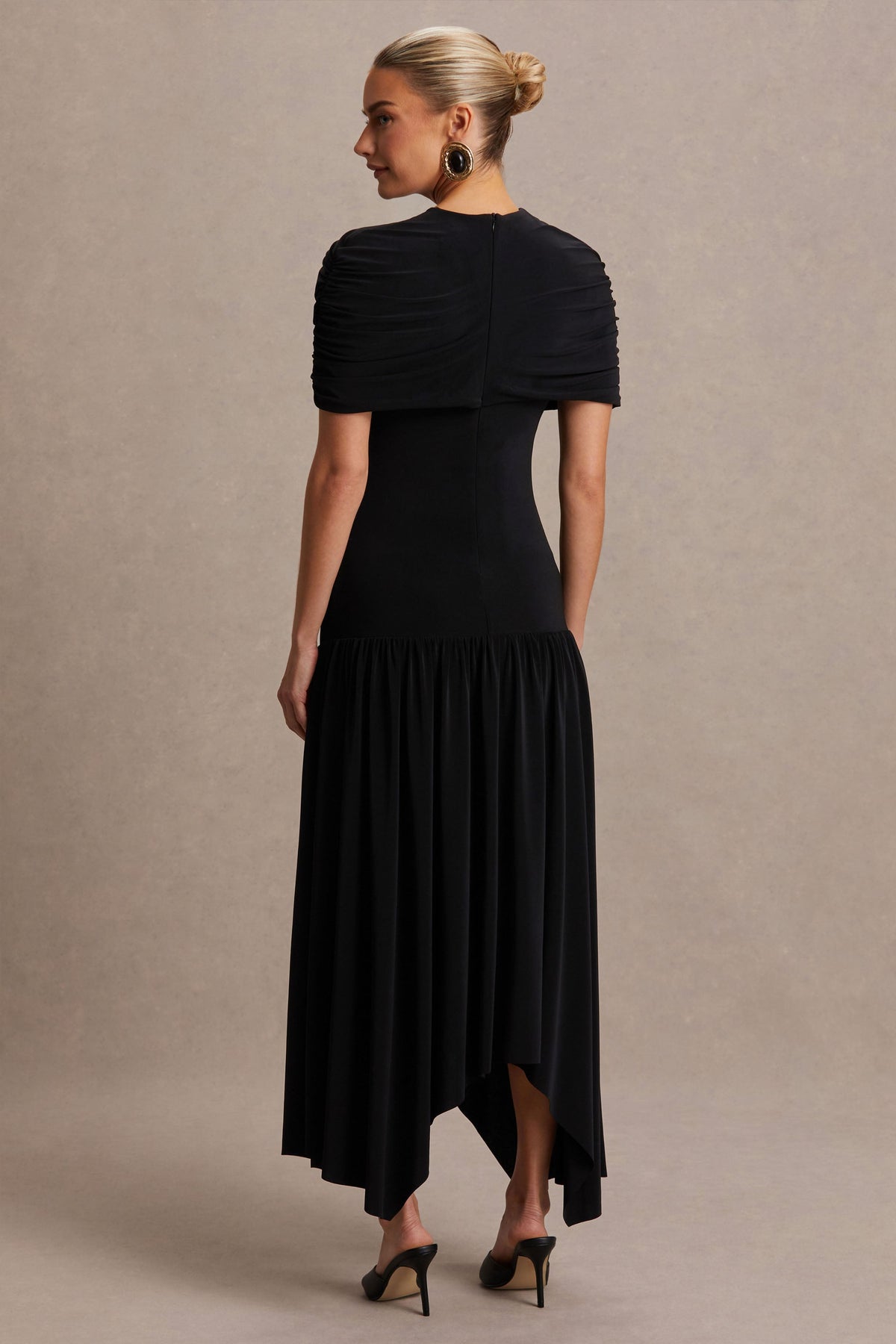 Eleni | Black Crew-Neck Maternity Maxi Dress With Cape-Sleeves And Drop Waist