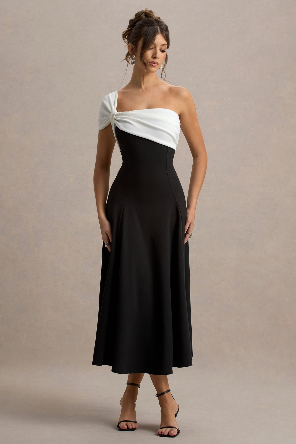 Malta | Black & White One-Shoulder Midi Dress