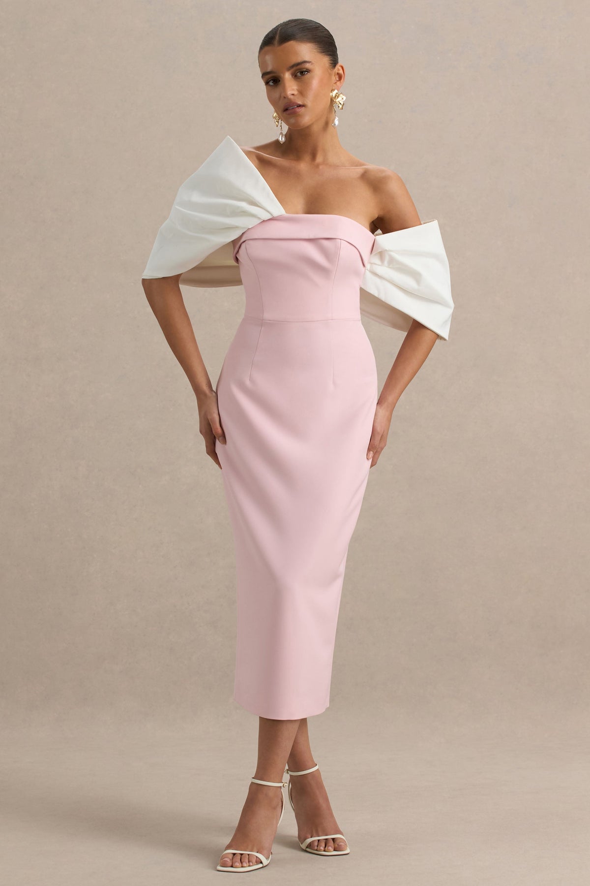 Lucille | Rose & Pink Asymmetric Bardot Midi Dress With Bow Detail