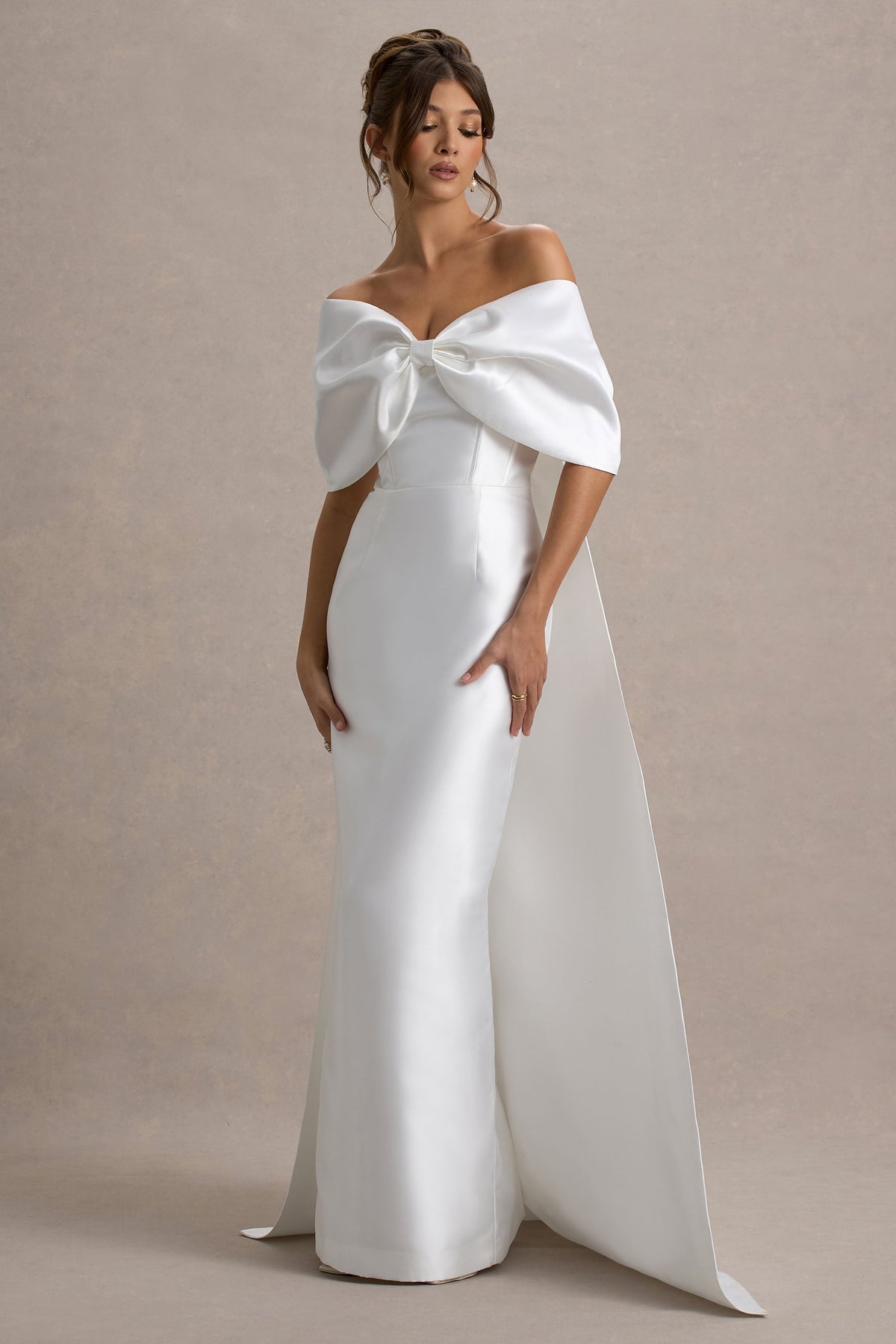 Wanting More | Off White Satin Cape Maxi Dress With Oversized Bow