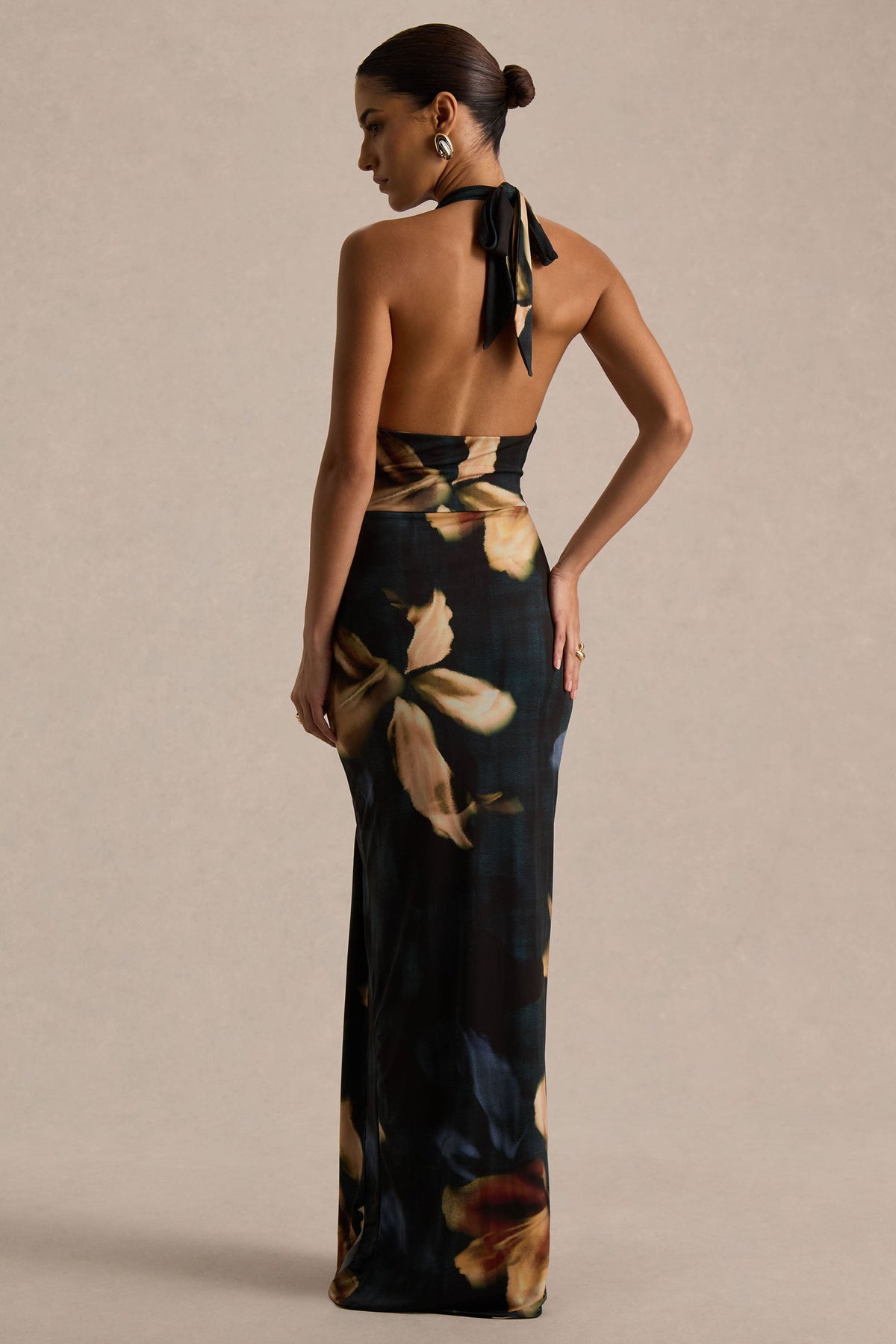 Sunflower | Dark Lily Print Jersey Cowl Maxi Dress With Gathered Detailing And Split