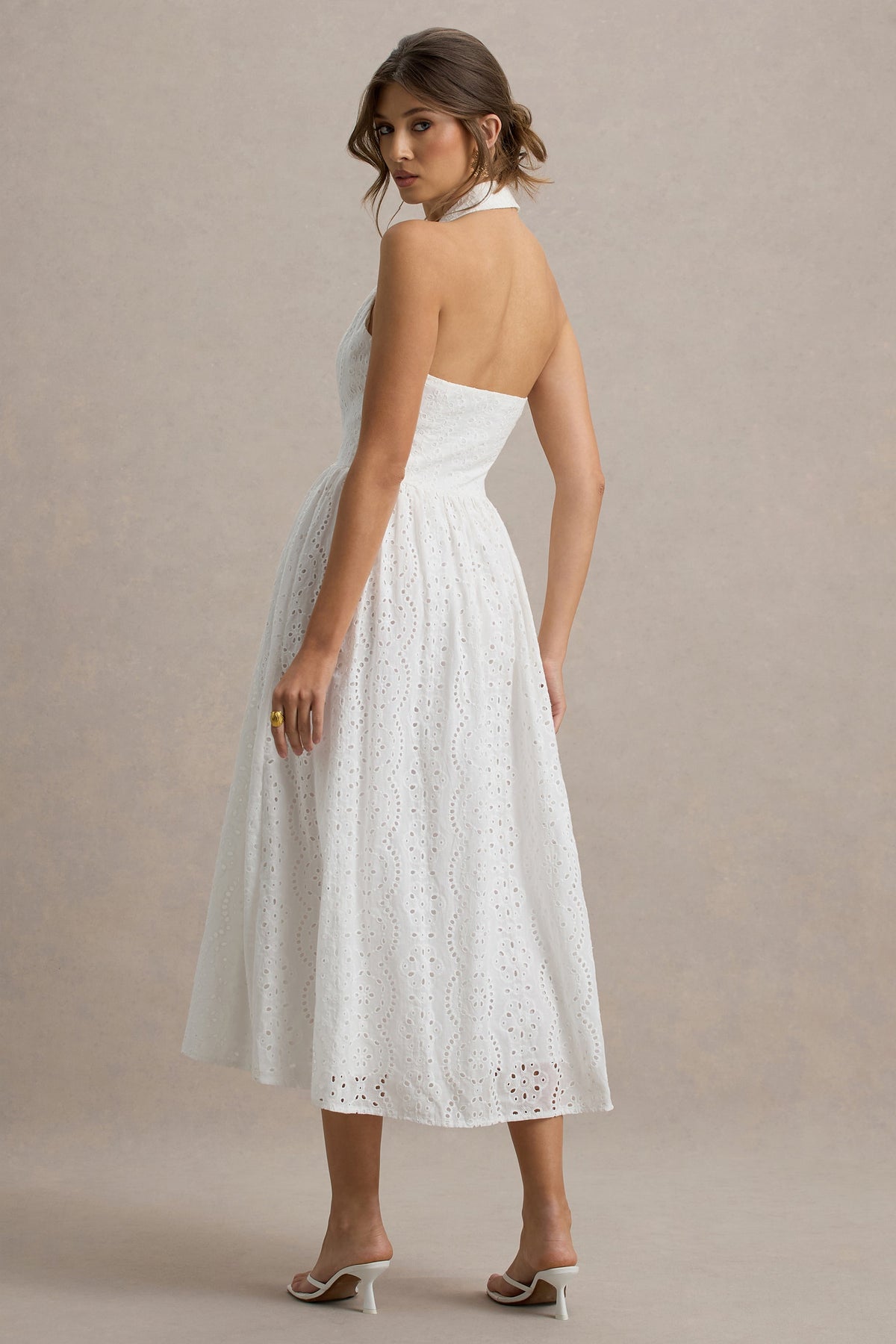 Jezebel | White Lace Plunge-Neck Collared Midi Dress