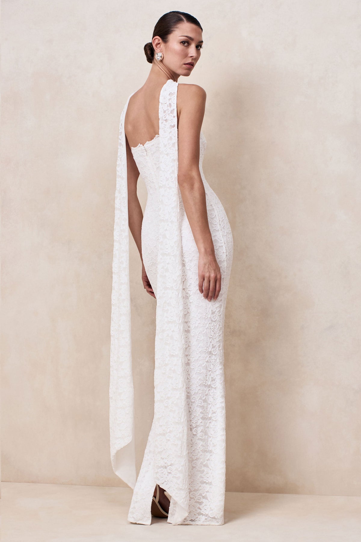 Massima | White Lace Bandeau Maxi Dress With Scarf Detail And Back Split