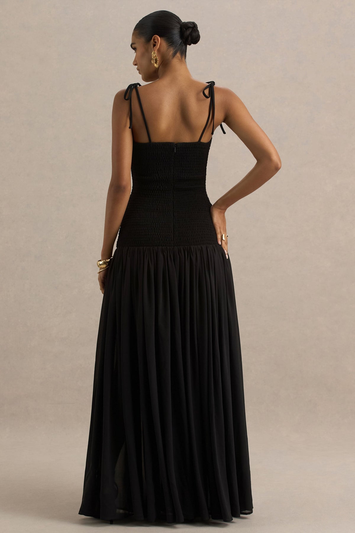 Maeva | Black Square-Neck Fishtail Maxi Dress With Ruched Detailing