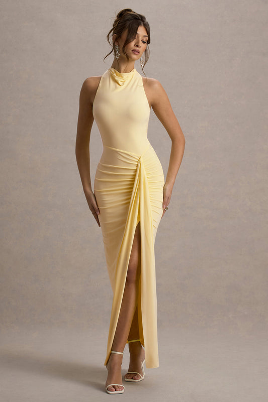 Sunflower | Pale Lemon Jersey Cowl Maxi Dress With Gathered Detailing And Split