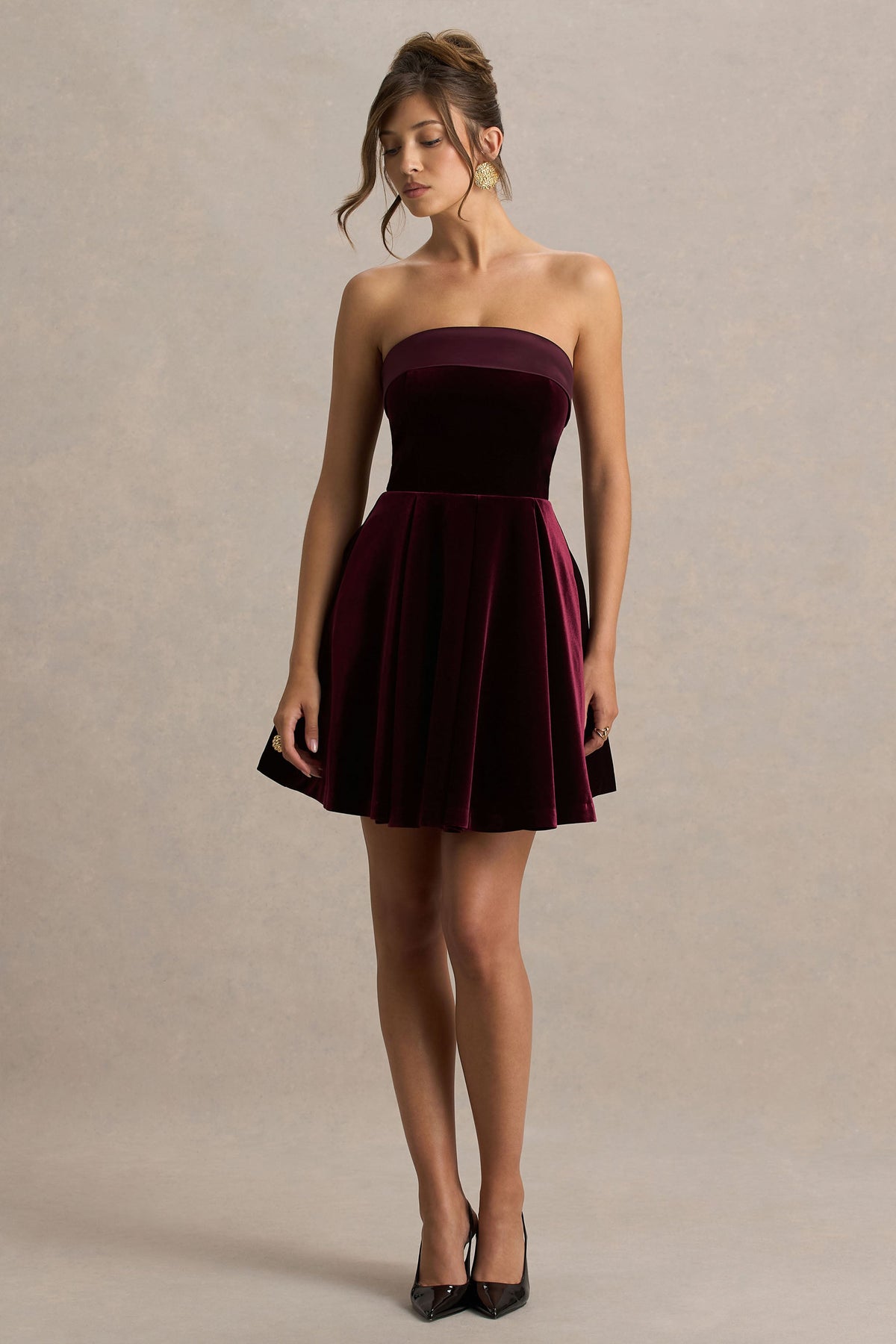 Mina | Burgundy Velvet And Satin Bandeau Skater Mini Dress