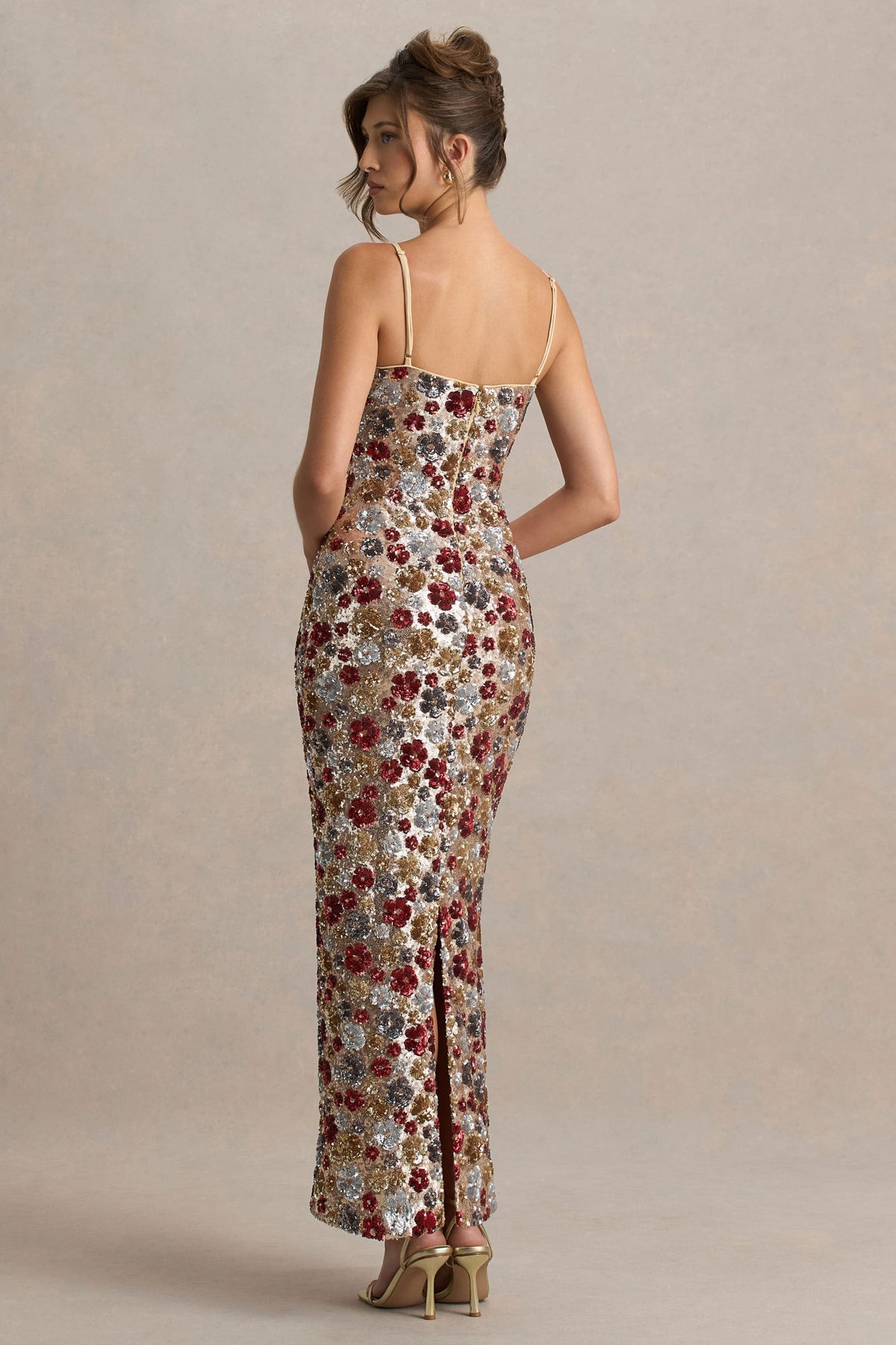 Vitora | Red Floral Sequin Bandeau Maxi Dress With Back Split