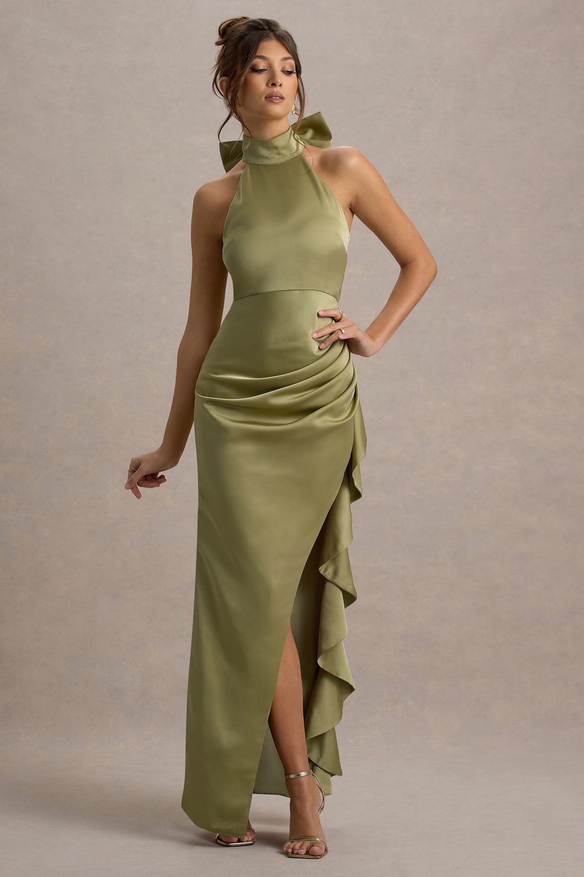 Maureen | Light Green Satin High-Neck Draped Maxi Dress