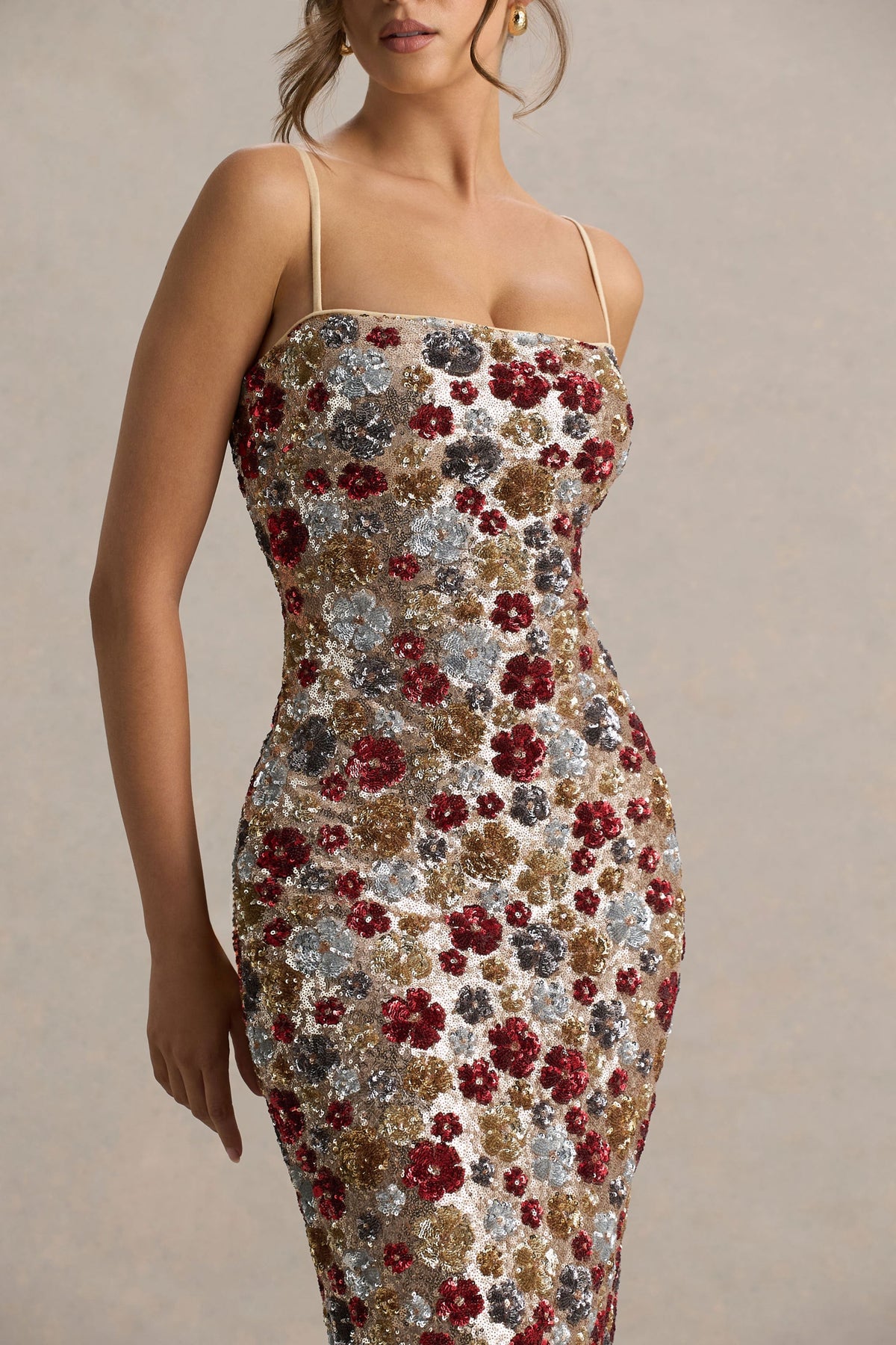 Vitora | Red Floral Sequin Bandeau Maxi Dress With Back Split