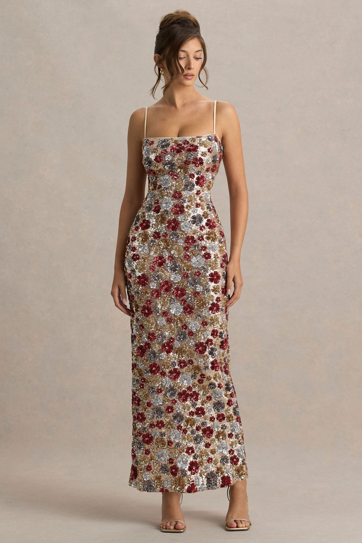 Vitora | Red Floral Sequin Bandeau Maxi Dress With Back Split